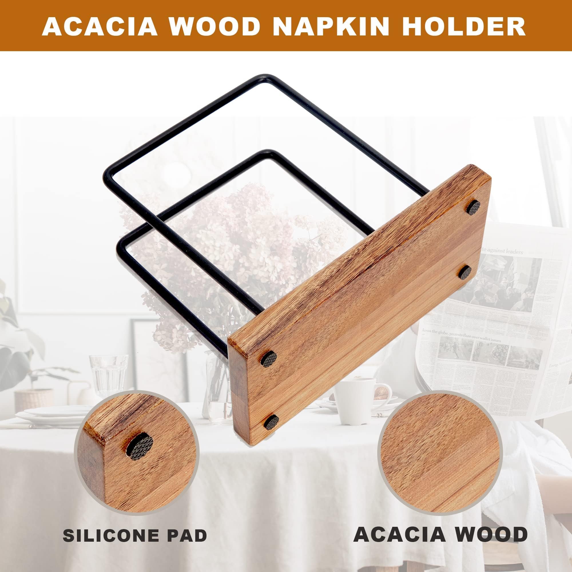 Acacia Wood Napkins Holder With Metal Wire, Standing Napkin Holder For Table, Kitchen & Dining Room D  Cor