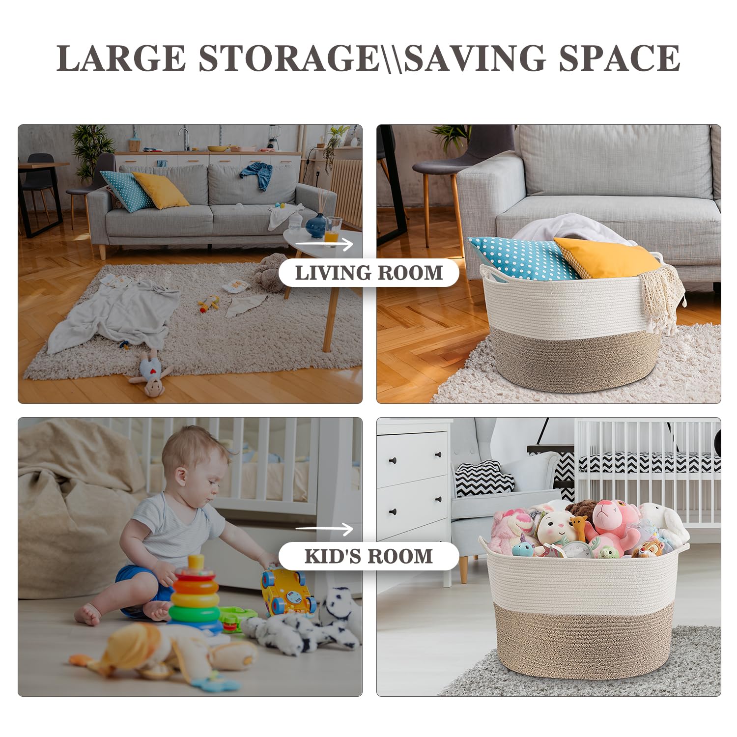 Throw Blanket Basket for Living Room  Extra Large Cotton Rope Basket for Storage  Woven Laundry Basket with Handles  Baby Toy Storage Basket  Towel Basket  22'' x 22'' x 14'' Pillow Basket
