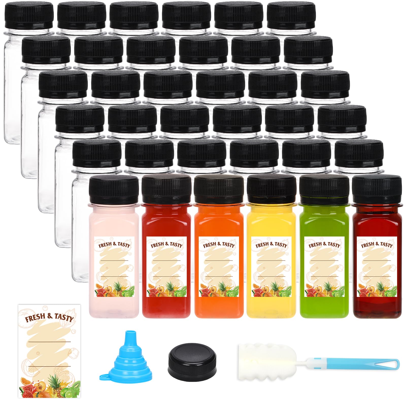 BAKHUK 36pcs 2oz Plastic Shot Juice Bottles with Caps, Ginger Shot Bottles Reusable Clear Bulk Beverage Containers for ginger sh