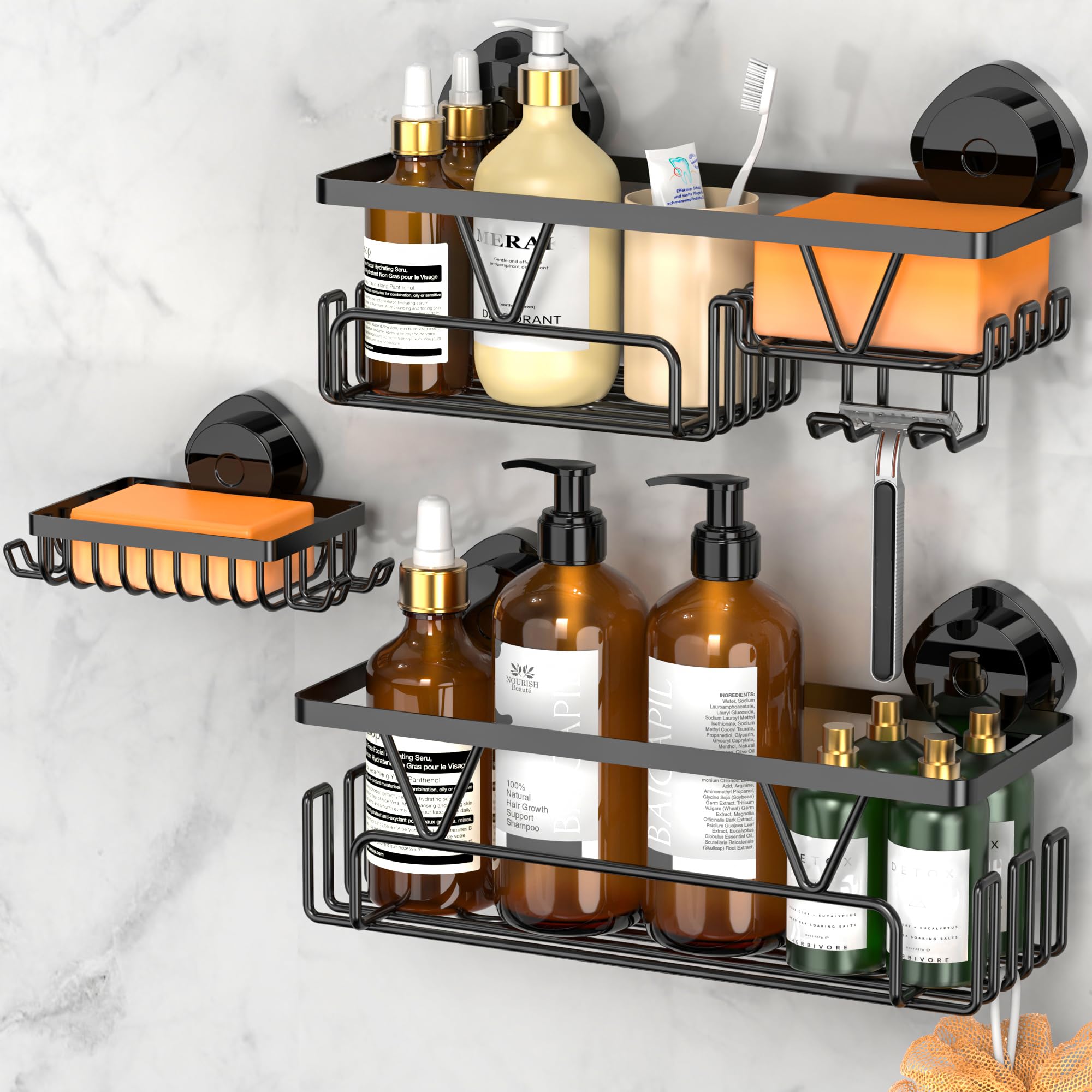 KEGII Suction Cup Shower Caddy - 3 Pack Suction Cup Shelf with Soap Holder & Hooks, Rustproof Stainless Steel Shower Organizer, 