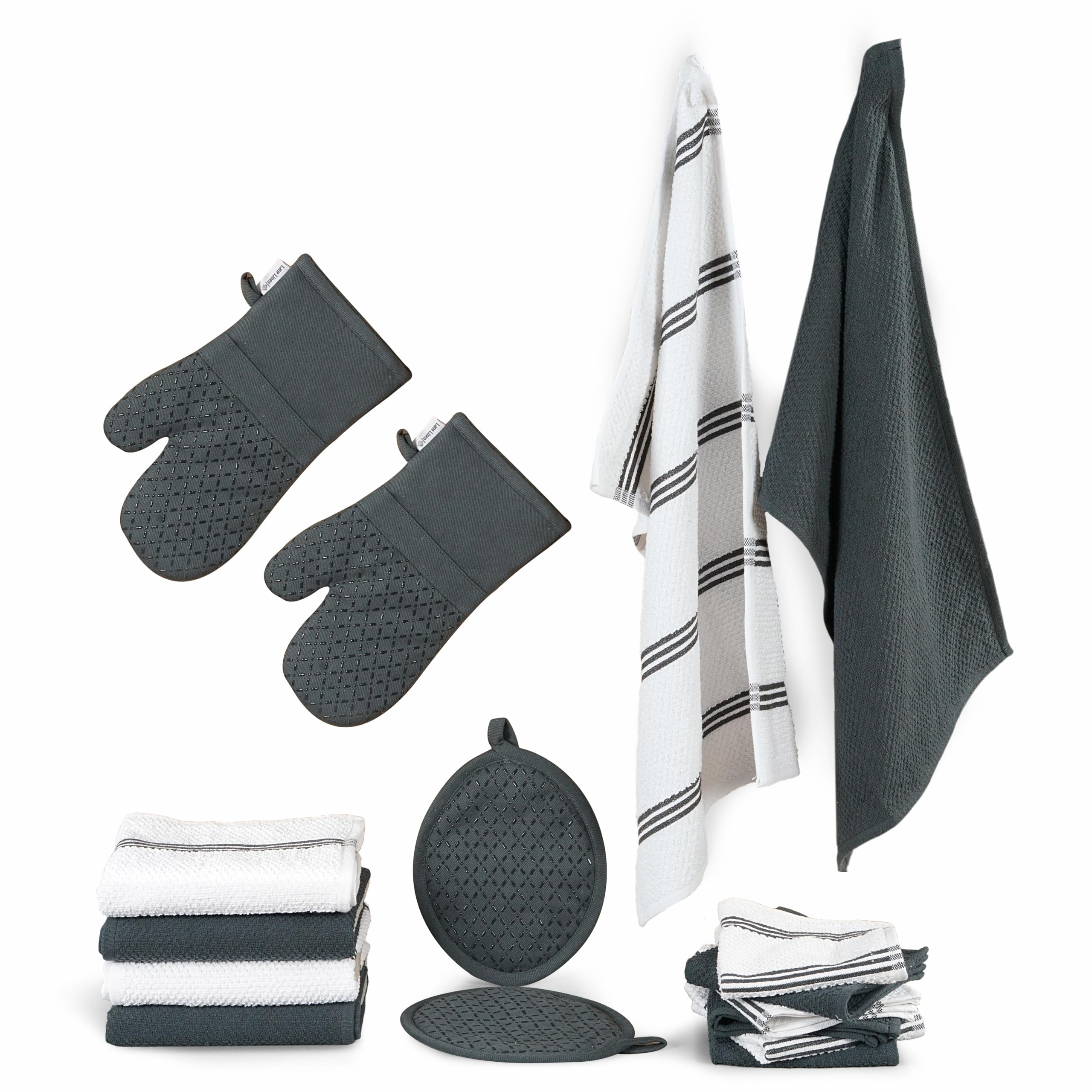 LANE LINEN Kitchen Towels and Dishcloths Sets - 16 Pc Kitchen Essentials for New Home, Heat Resistant Silicone Oven Mitts & Pot 