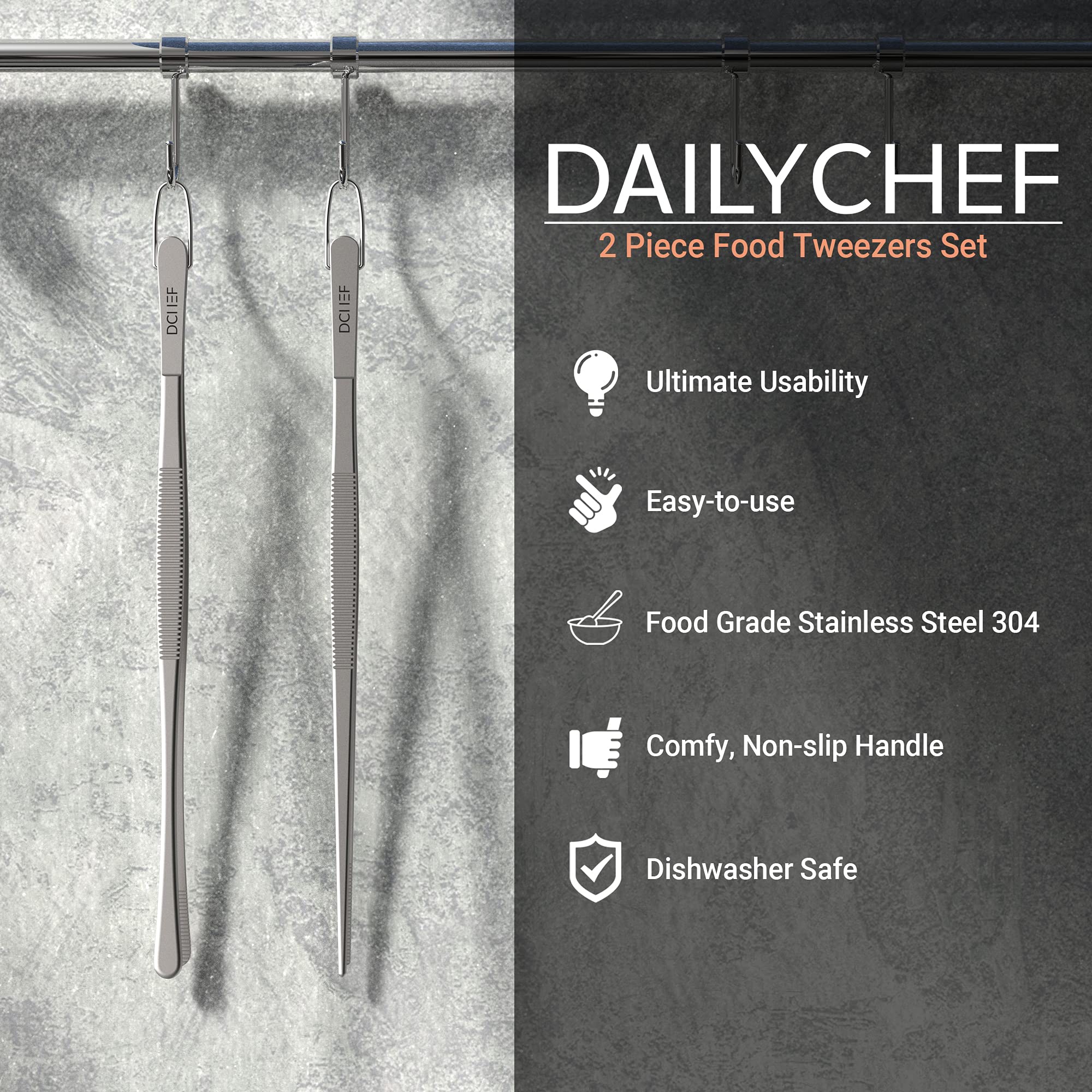 Dailychef 2 Stainless Steel 12 Inch Extra Long Fine Tweezer Tongs Set With Precision Serrated Tips For Professional Cooking & Ki