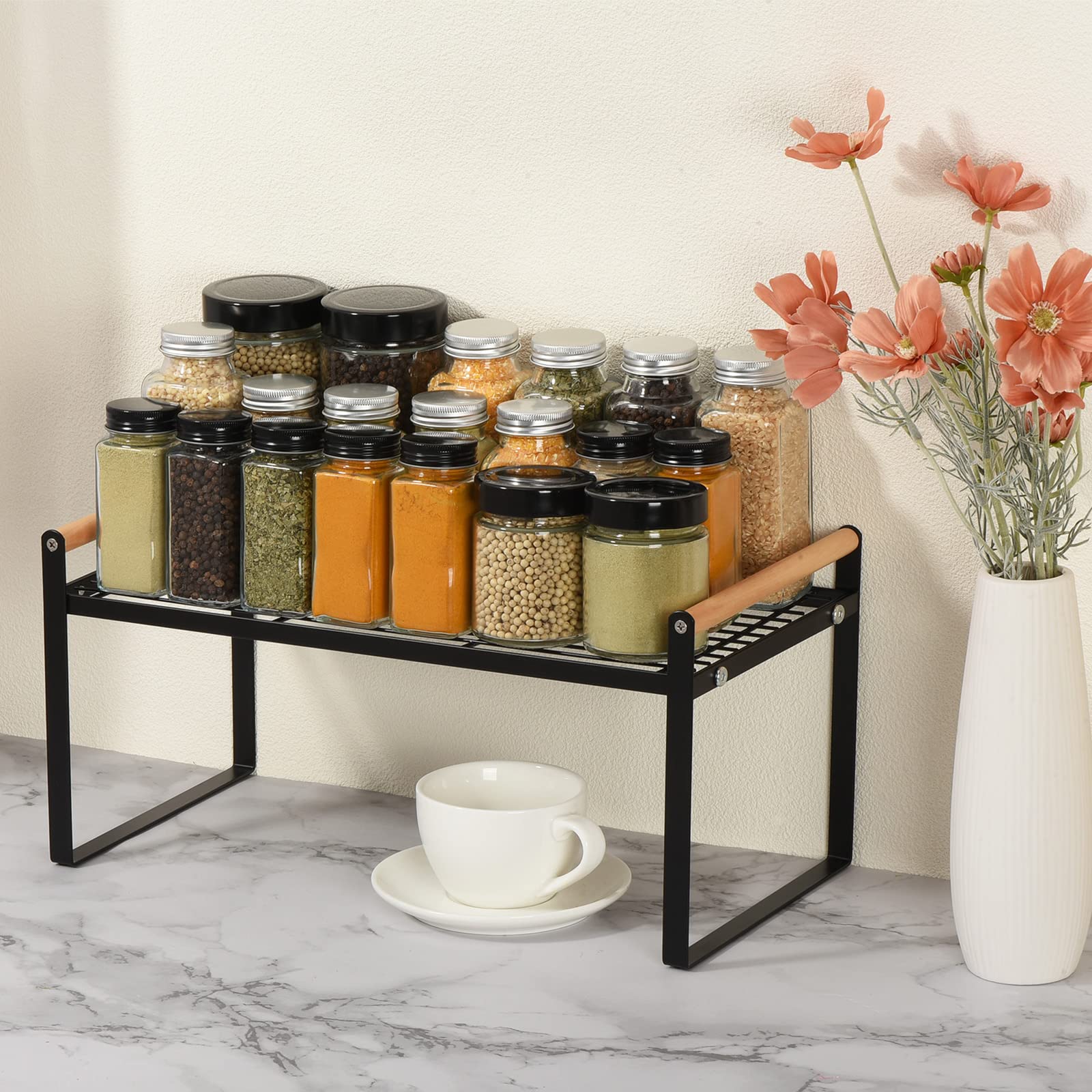Patikil Kitchen Cabinet Shelf Organizer, Wood Counter Shelf Stackable Storage Shelf For Cupboard, Pantry, Corner, Under Sink - B