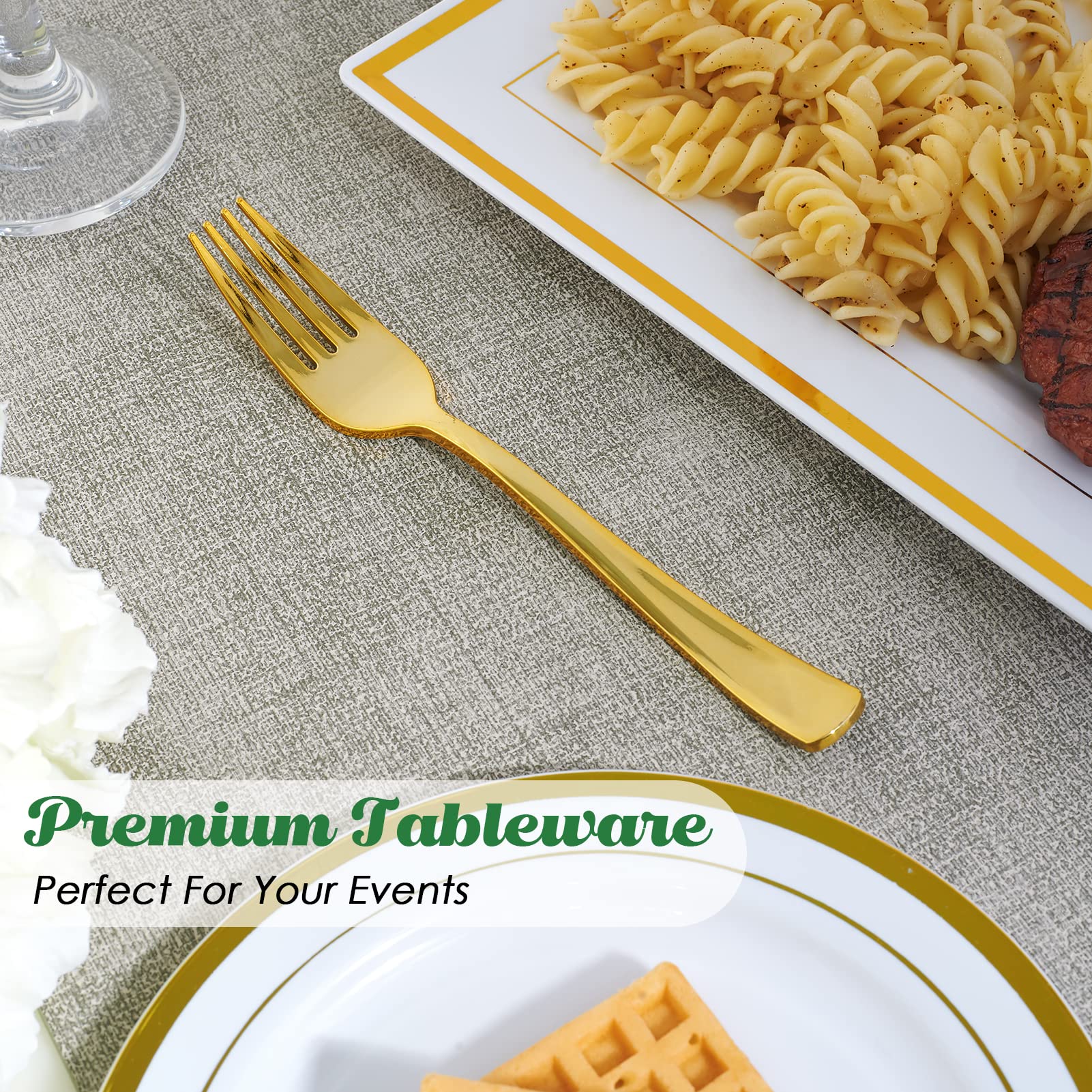 Focusline 300 Pack Disposable Gold Plastic Forks, Solid And Durable Plastic Cutlery Forks, Heavy Duty Disposable Utensil Silverw