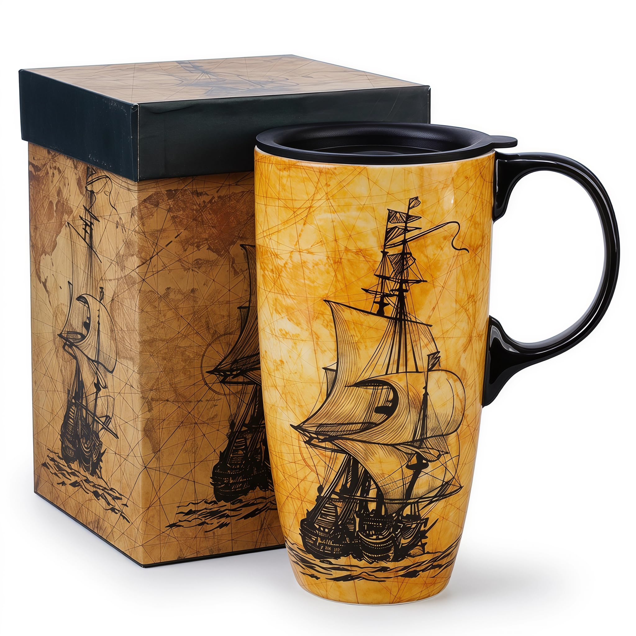 Topadorn 17oz Ceramic Travel Mug with Lid, Vintage Nautical Coffee Mug