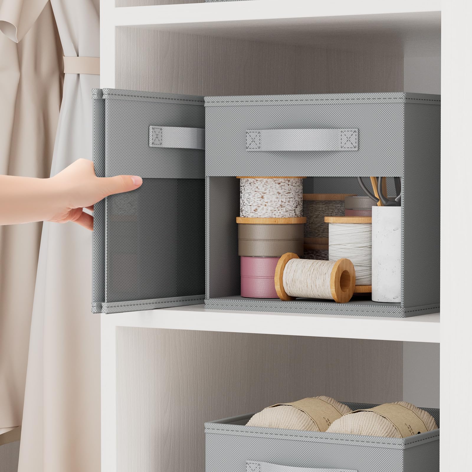 DIMJ?Cube Storage Bins  3 Packs Clear Window Fabric Storage Bin Organizer for Closet Shelves Home Storage Cubes Organizer with Handles