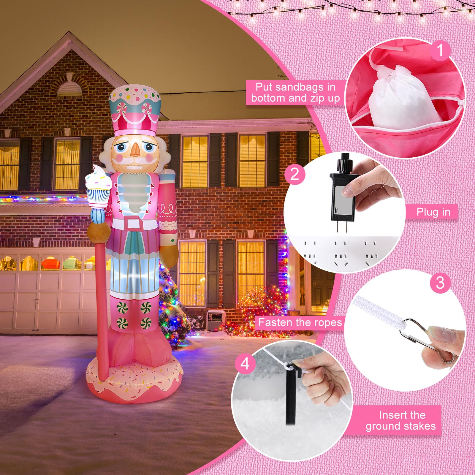 Geyoga 8FT Christmas Inflatable Outdoor Decoration Pink Nutcracker Hold Cake Cane Blow Up with LED Lights Inflatable Nutcracker