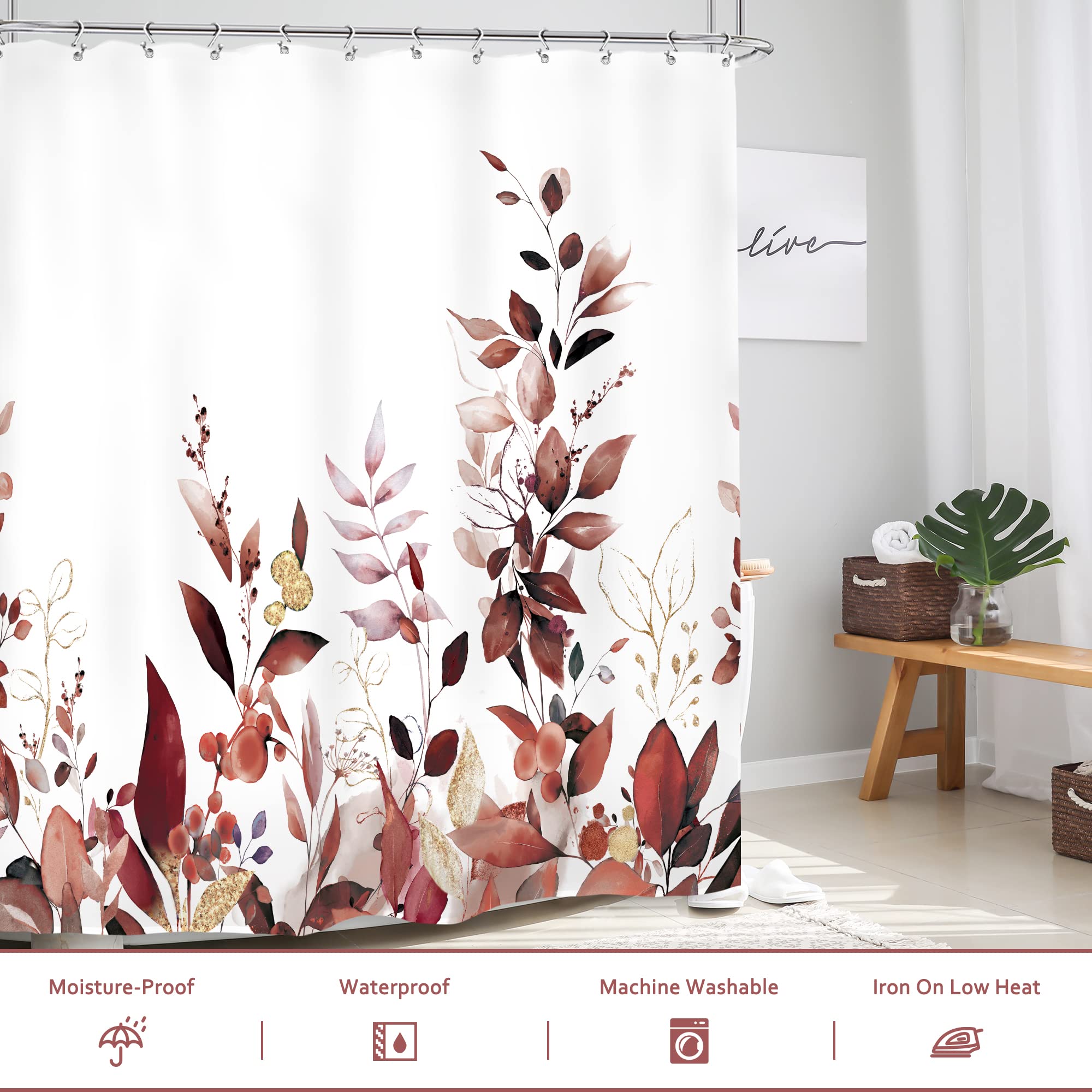 Glawry Burgundy Shower Curtain 60Wx72L Inches Watercolor Floral Leaves Botanical Plants Leaf Eucalyptus Bathroom Modern Maroon B
