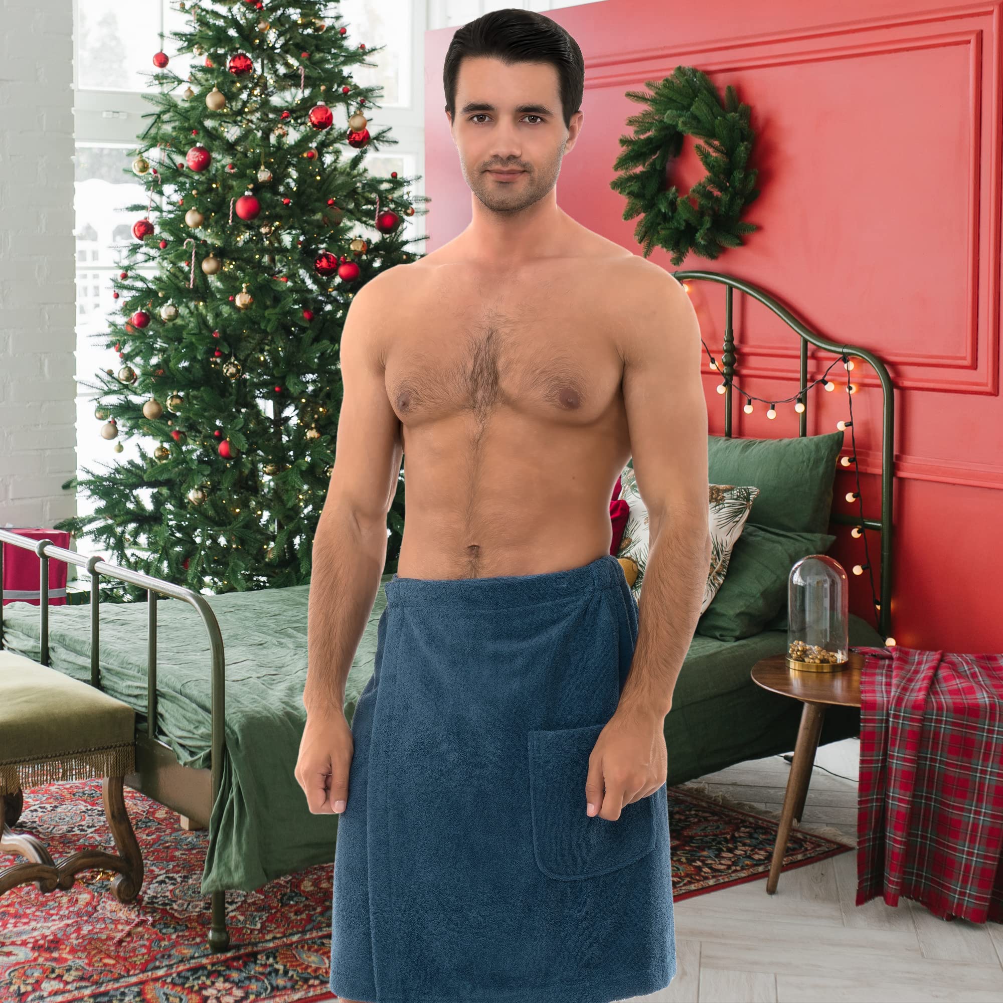 Towelselections Mens Shower Wrap Adjustable Cotton Terry Bath Gym Cover Up With Snaps Small/Large Algiers Blue