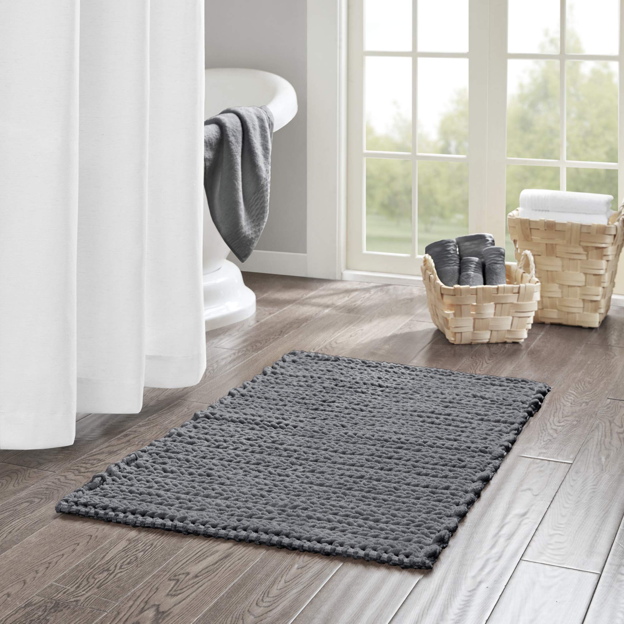 Madison Park Lasso 100% Cotton Chenille Chain Woven Stitch Bathroom Rug - Non Slip - Absorbent, Quick Dry Bath Mat, 24x40, Charc