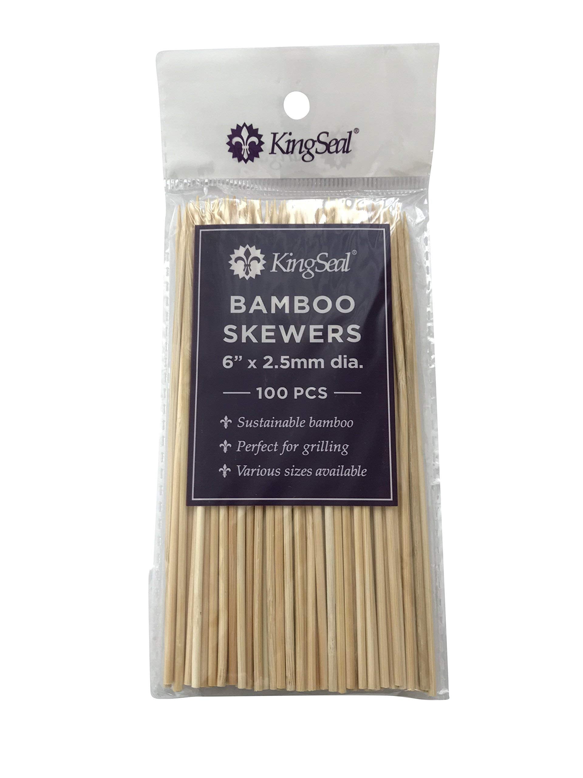 KingSeal Natural Bamboo Wood Grilling Skewers, 6 Inches x 2.5mm Diamter, for Shish Kebabs, BBQ, and Fruit Arrangements, Bulk Pac