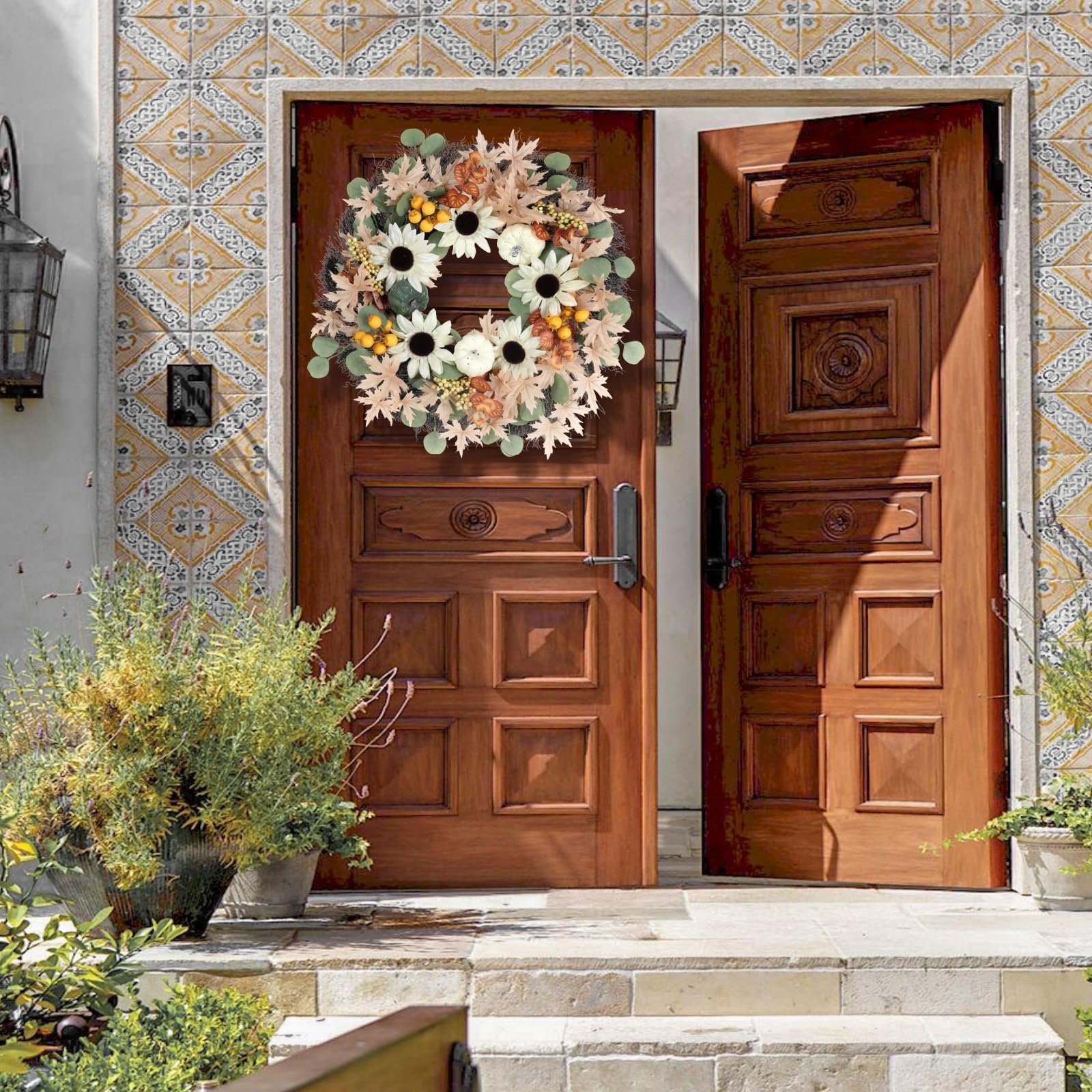 Yueyela 23inch Fall Wreaths for Front Door, Autumn Wreath with Pumpkin Sunflowers Fruits Maple and Eucalyptus Leaves, Wreaths fo