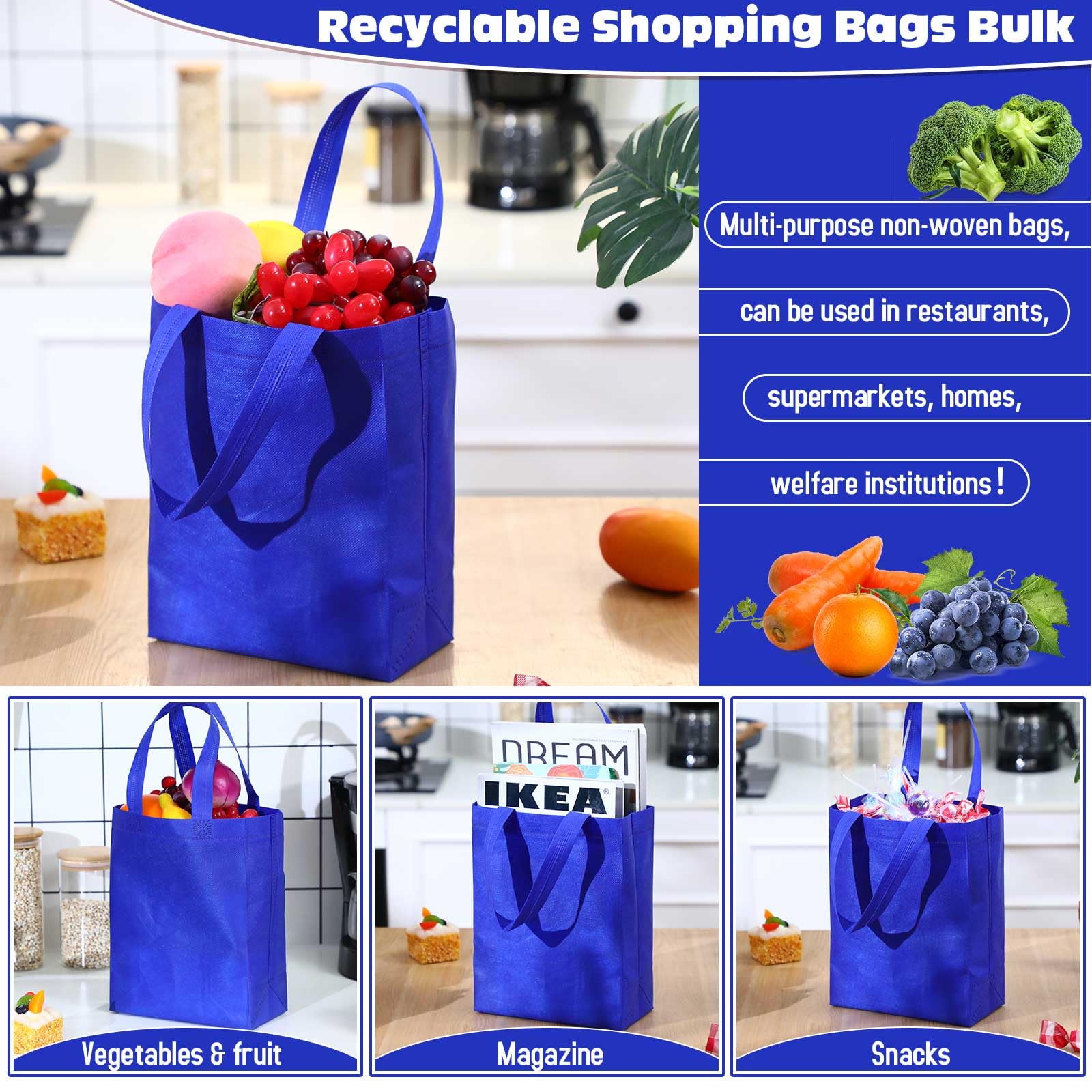Windyun 200 Pcs Reusable Tote Bag Bulk 8 x 4 x 10 Inch Non Woven Shopping Bag with Handle Reusable Grocery Gift Tote (Blue)