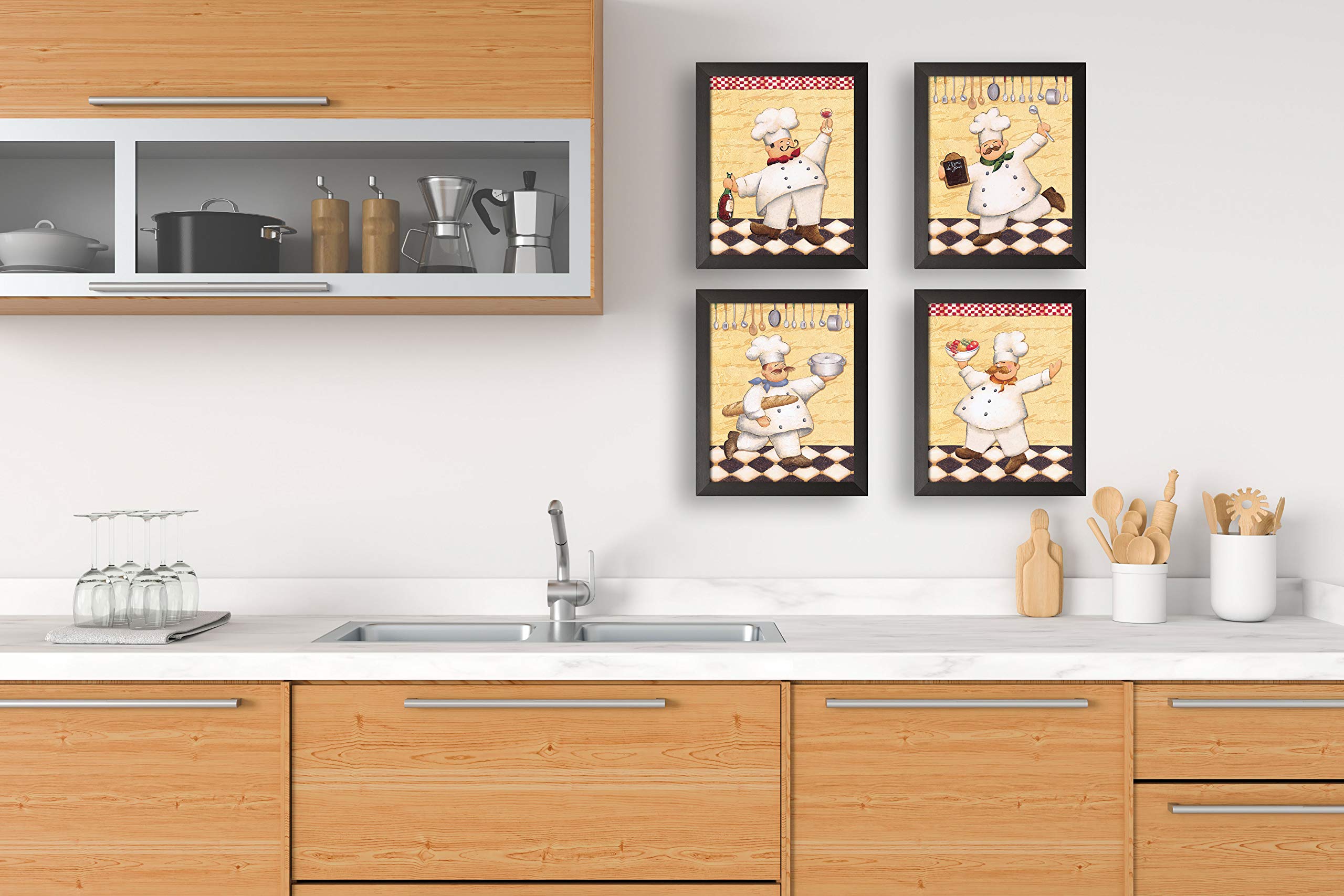 Set Of 4 Happy French Chef Kitchen Prints; Four 8X10 In Black Framed Prints, Ready To Hang!
