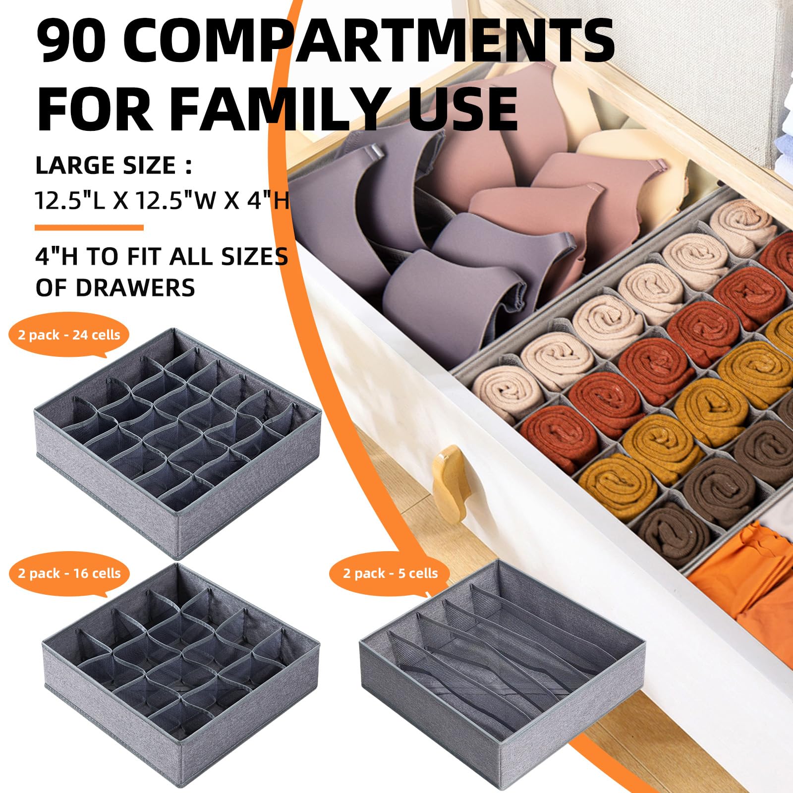 Criusia 6 Pack Large Drawer Organizer for Sock Underwear - Washable Heavy Duty Fabric Closet Organizers and Storage Bins - 90 Ce