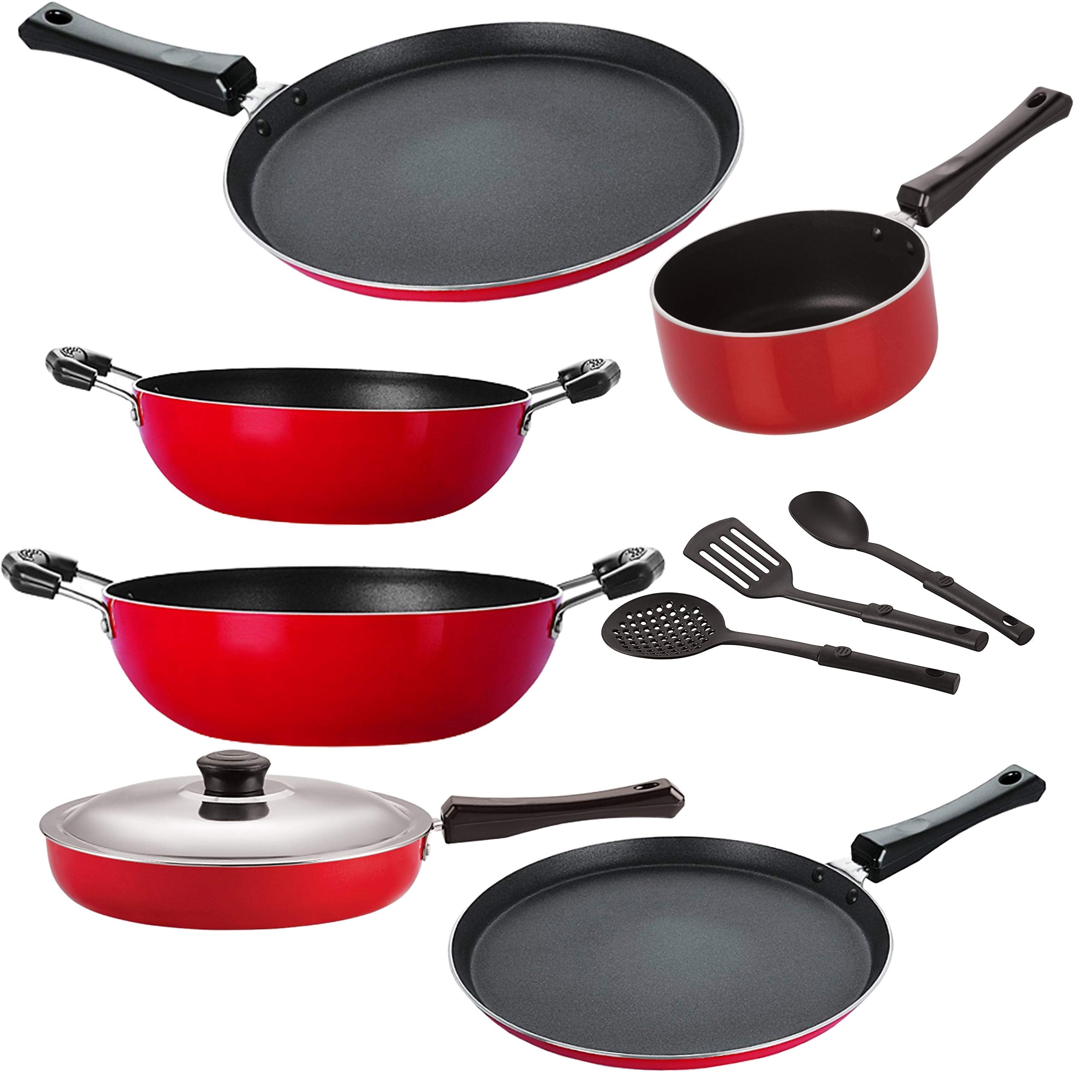 Nirlon NonStick Aluminium Cookware Set, Gas Compatible  9Piece Ft13_Kd12_Kd14_Spb_Ft11_Fp12_3Spn