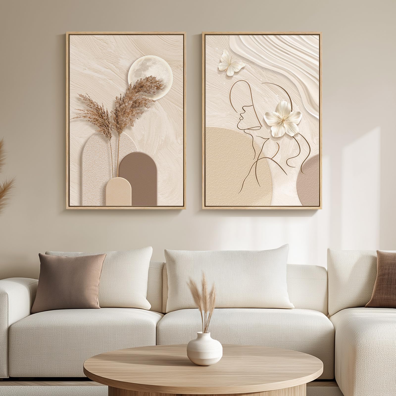 Large Framed Neutral Abstract Wall Art, Set Of 2 Piece Beige Brown Canvas Prints Paintings Artwork For Walls, Elegant Woman Silh