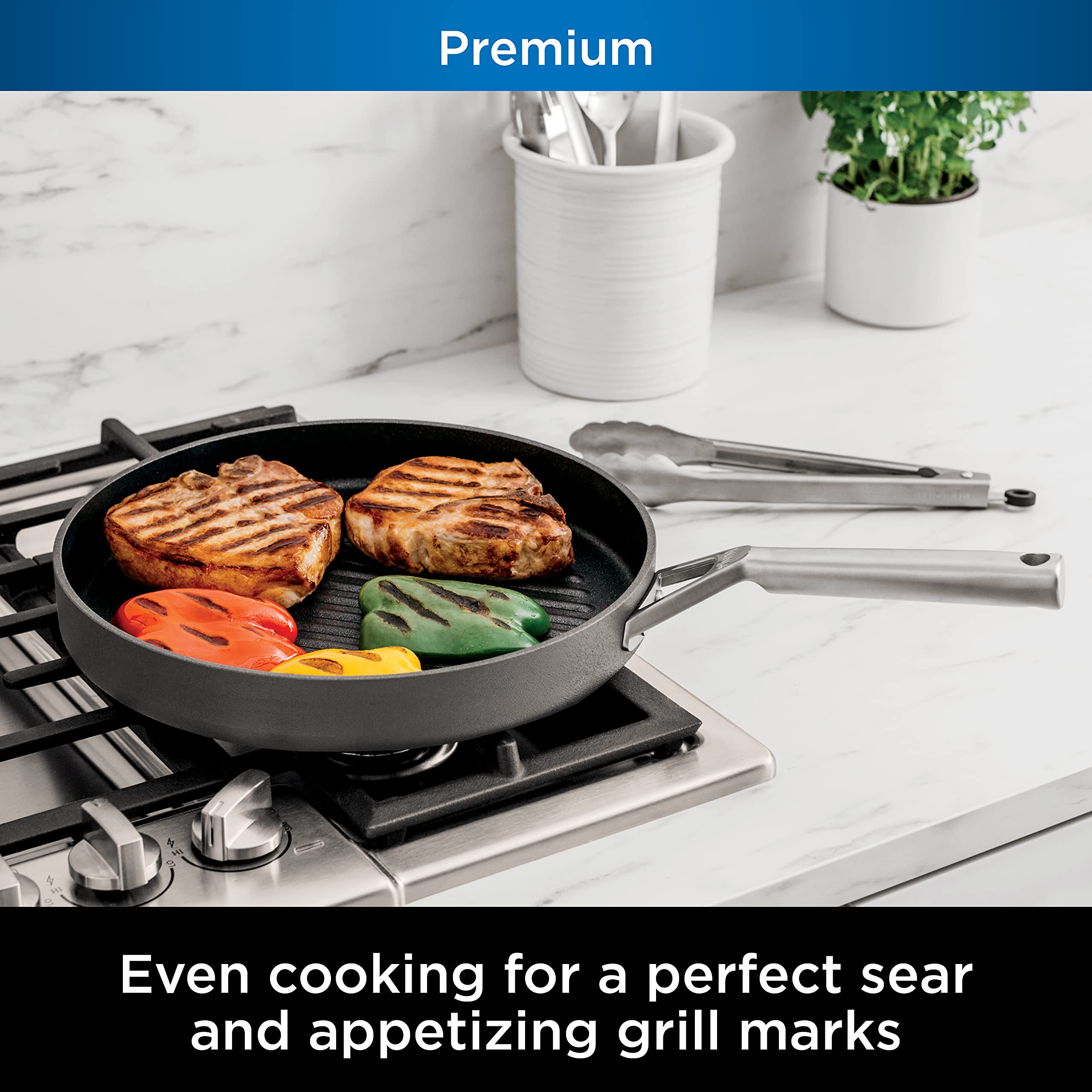 Ninja C30530 Foodi Neverstick Premium 12-Inch Round Grill Pan, Hard-Anodized, Nonstick, Durable & Oven Safe To 500F, Slate Grey