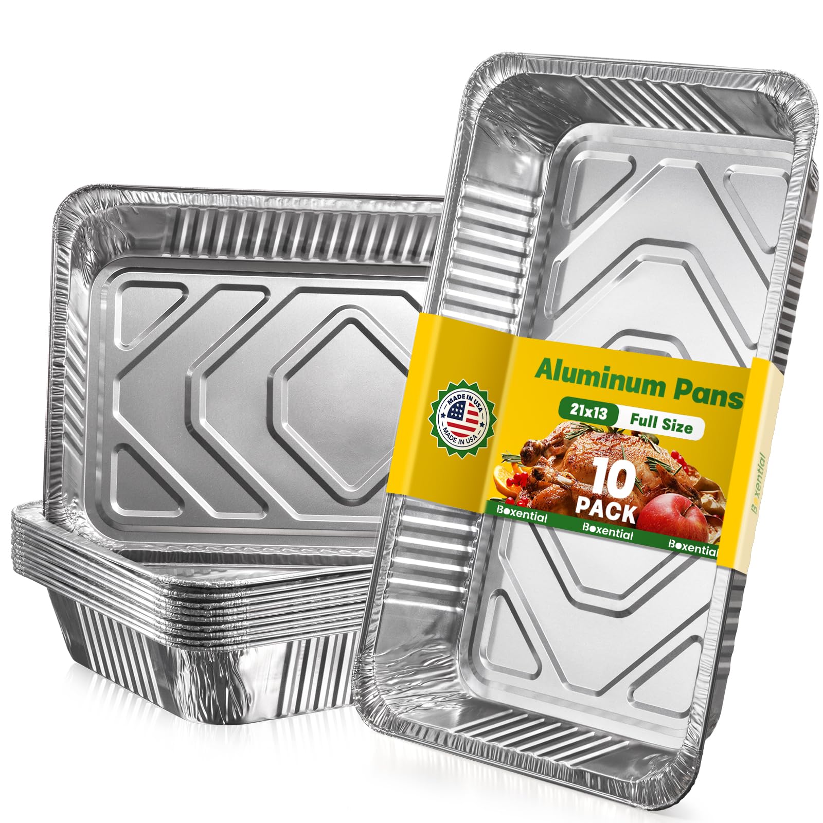 Boxential 21x13 Aluminum Pans [10 Pack], Extra Heavy Duty Full Size Disposable Aluminum Foil Pans, Deep Baking Pans for Cooking,