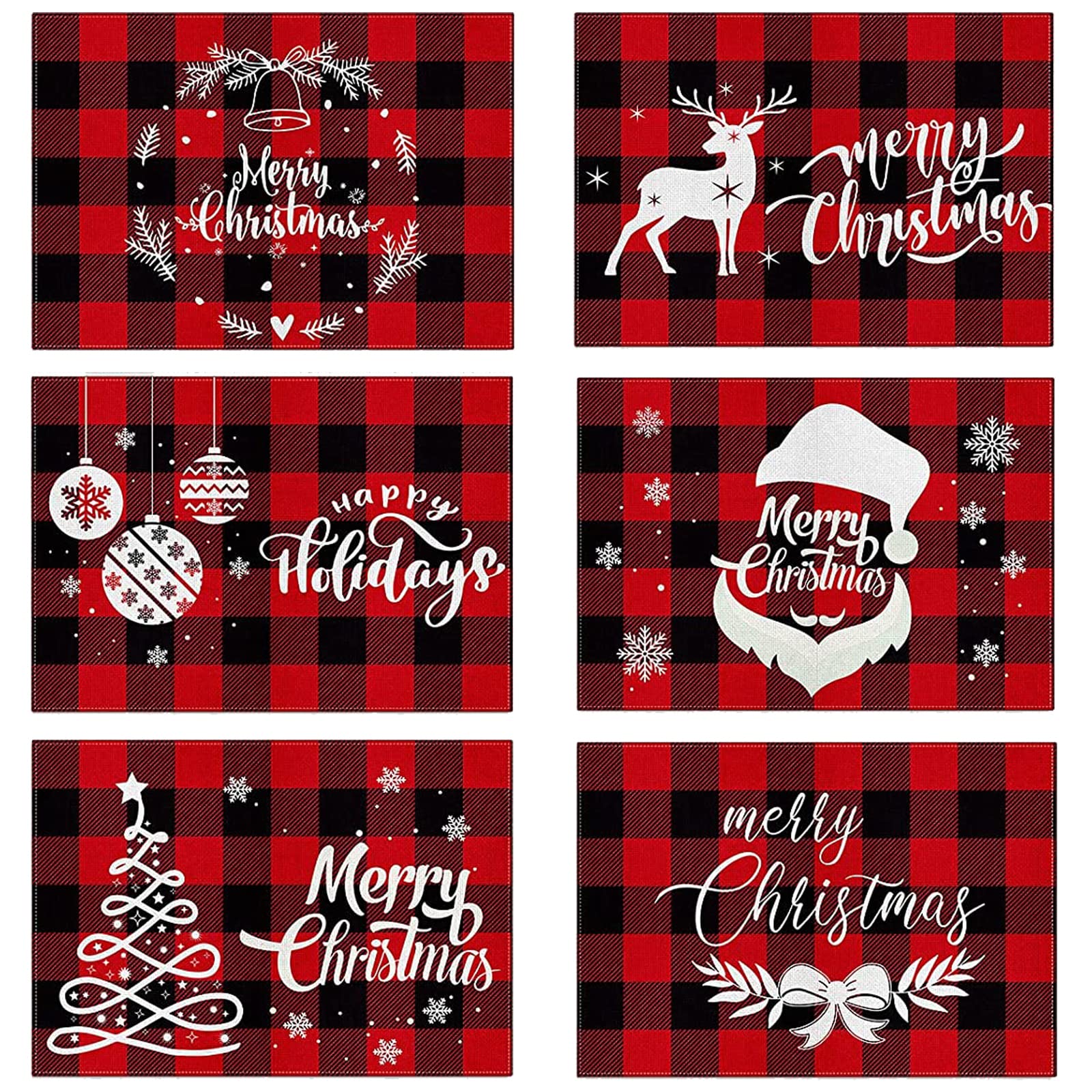 Christmas Placemats Set Of 6 For Christmas Dining Table Snowflake Santa Deer Christmas Tree Xmas Placemats 12X18 Inch Washable T