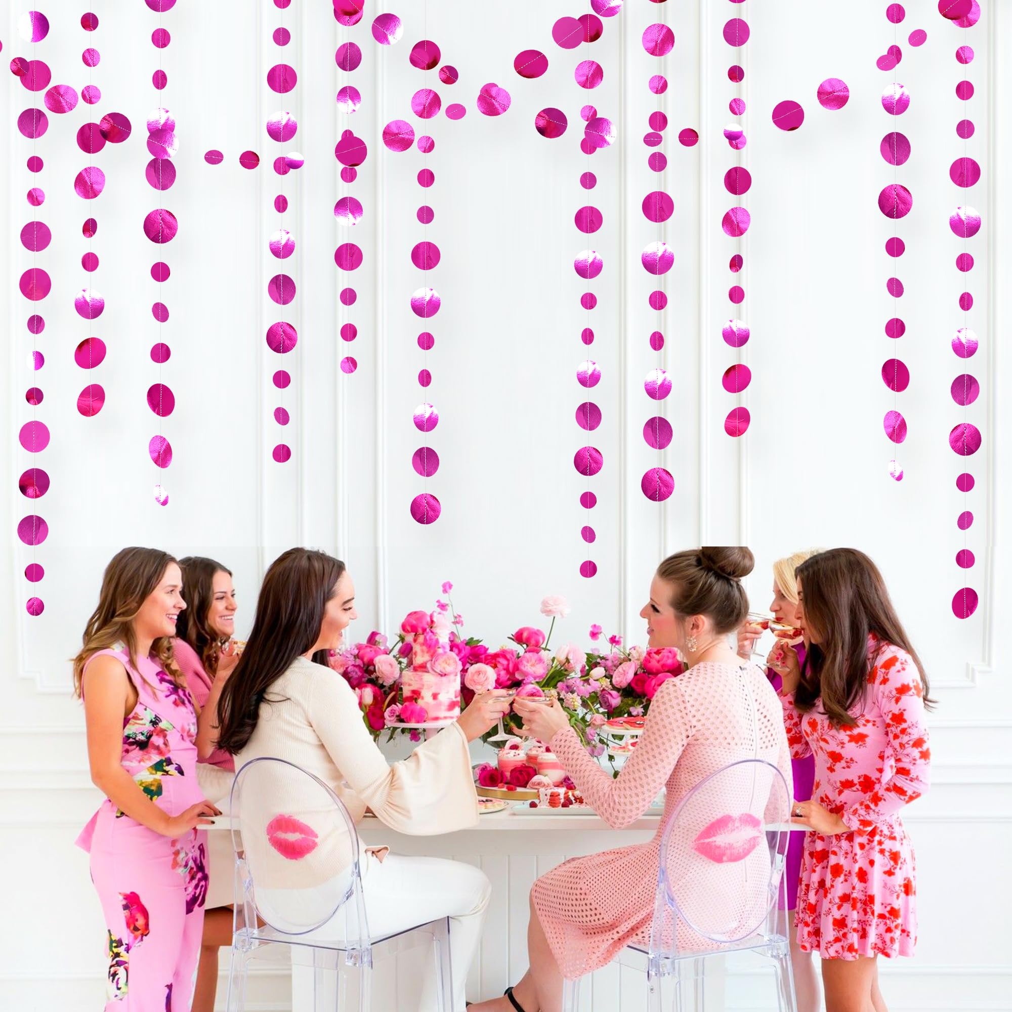 Hot Pink Party Decorations Circle Dots Garland Metallic Rose Pink Hanging Paper Polka Dots Streamer For Bachelorette Birthday En
