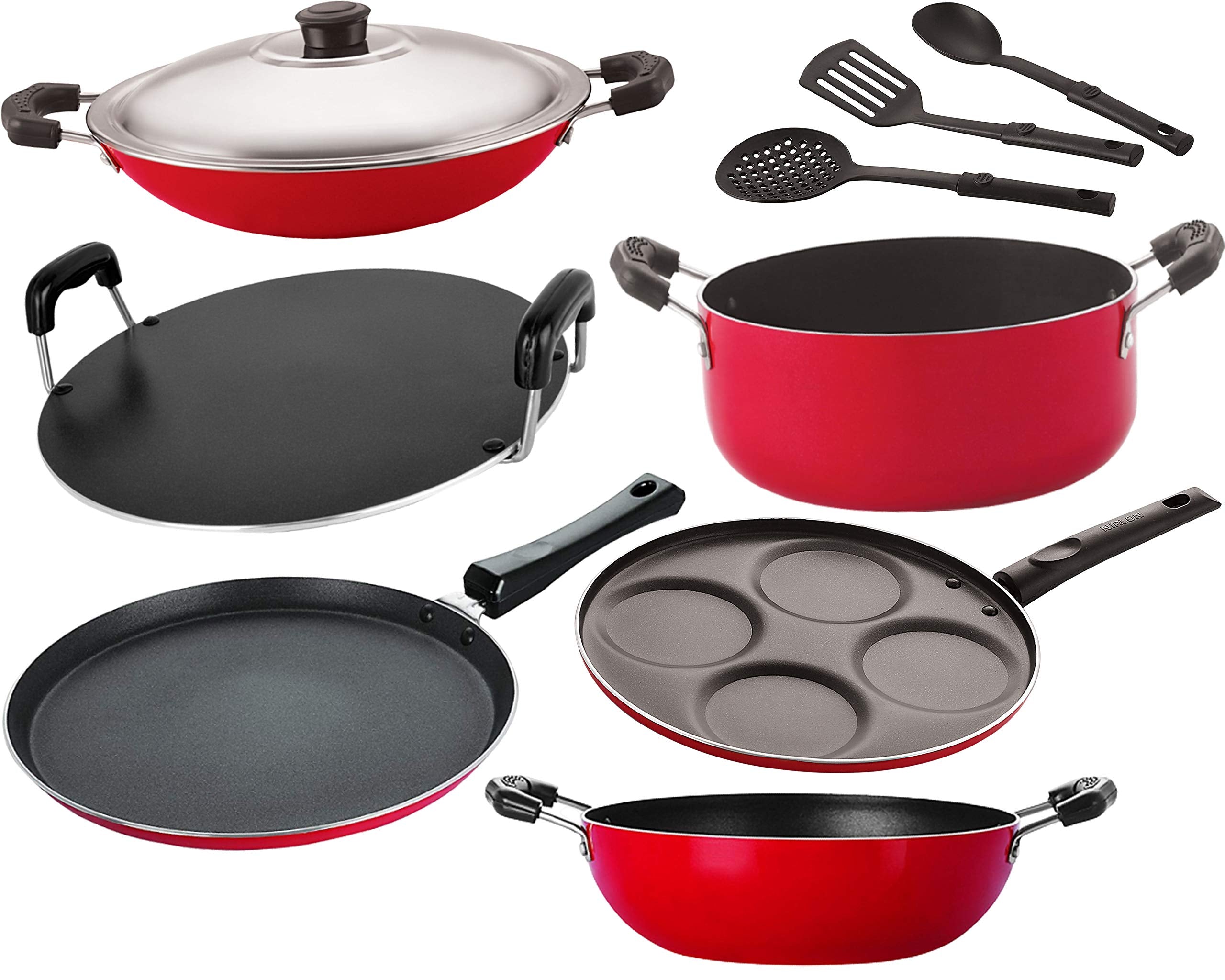 Nirlon Non Stick Aluminium Cookware Set Of 9 Pieces Kitchenware Utensils Combo Offer [26_Ft13_Kd13_Ch_Rt_Cass20_Up4_3Spn]