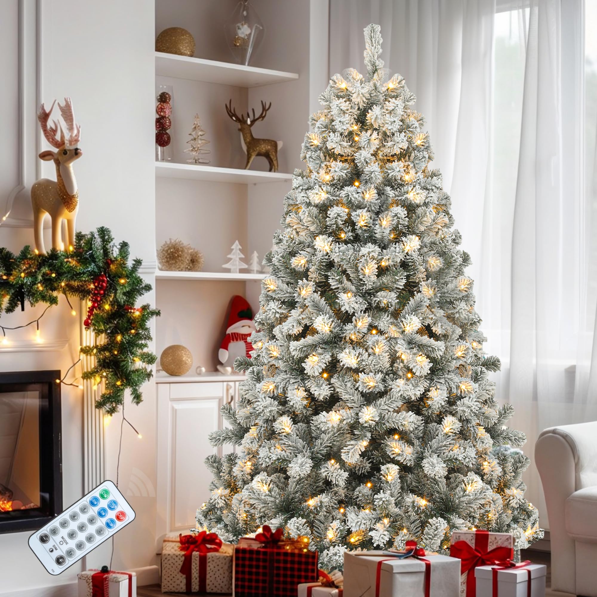 YITAHOME 6 FT Prelit Snow Flocked Christmas Tree with Remote, Hinged Pine Christmas Tree with 250 Warm White/Multicolor Changing