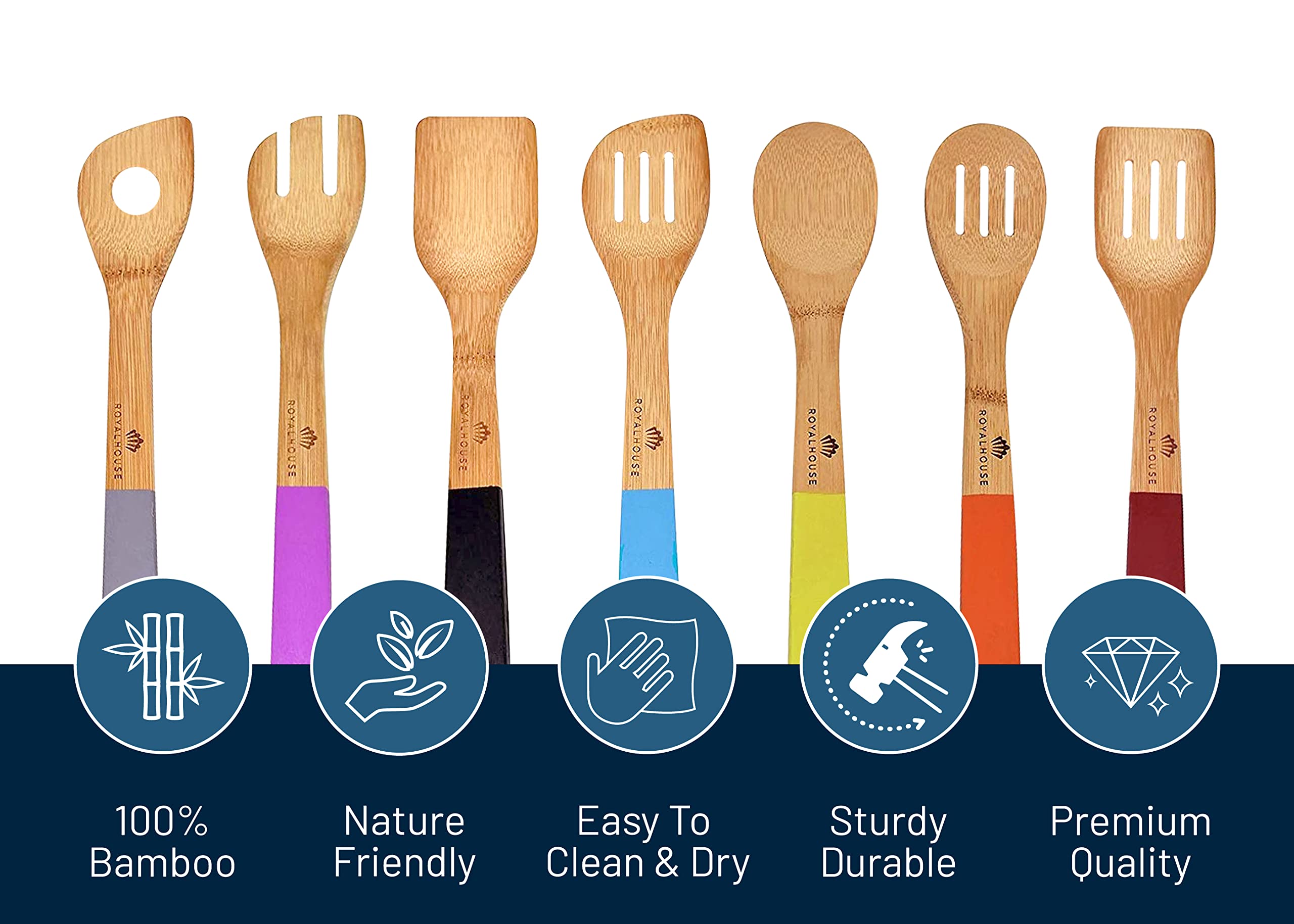 Royalhouse Wooden Kitchen Utensils Set, 7 Piece Bamboo Cooking Tools, Cooking Spoons And Spatulas With Colored Handles, Non-Stic