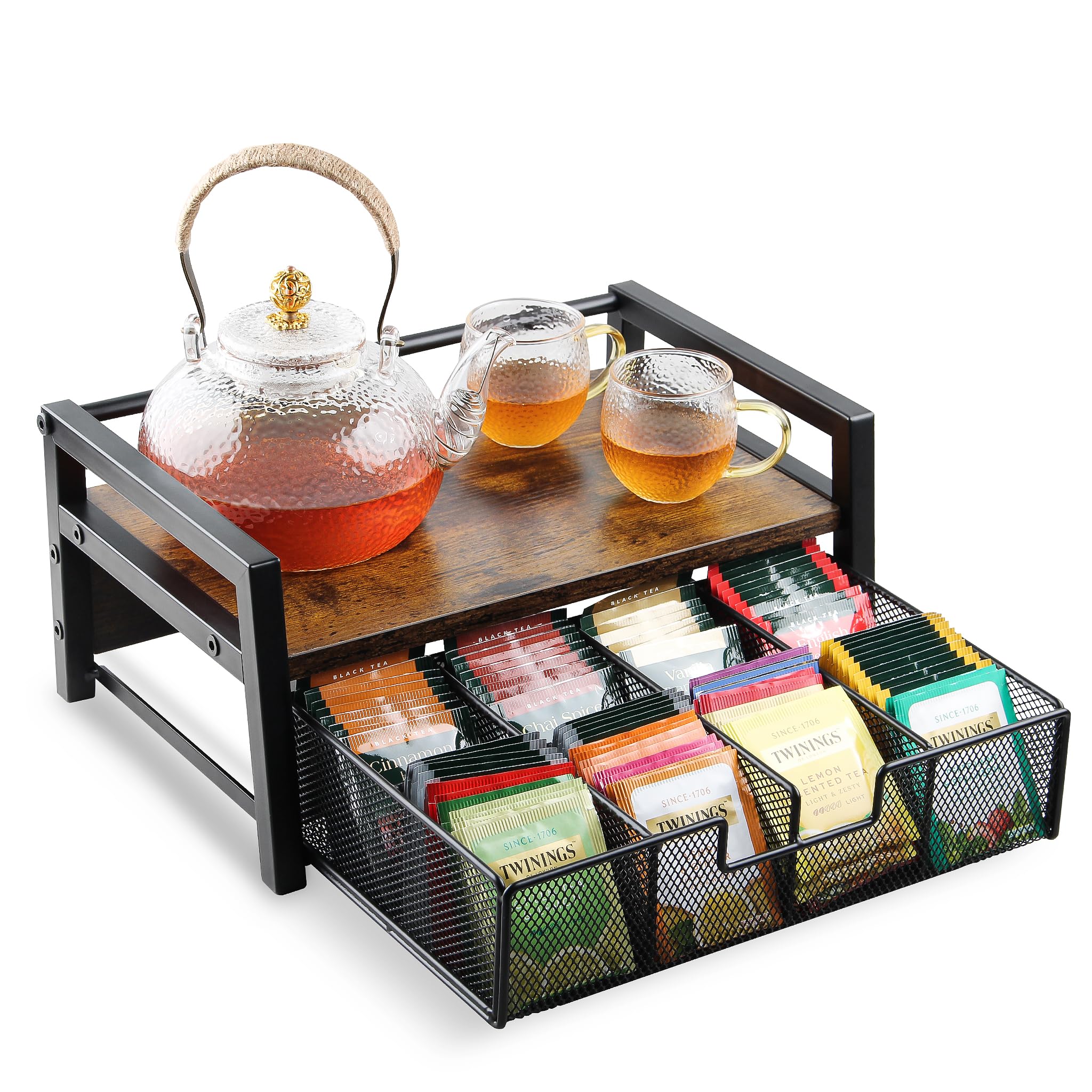 Tea Bag Organizer for Countertop, Vintage Wood Grain with Drawer