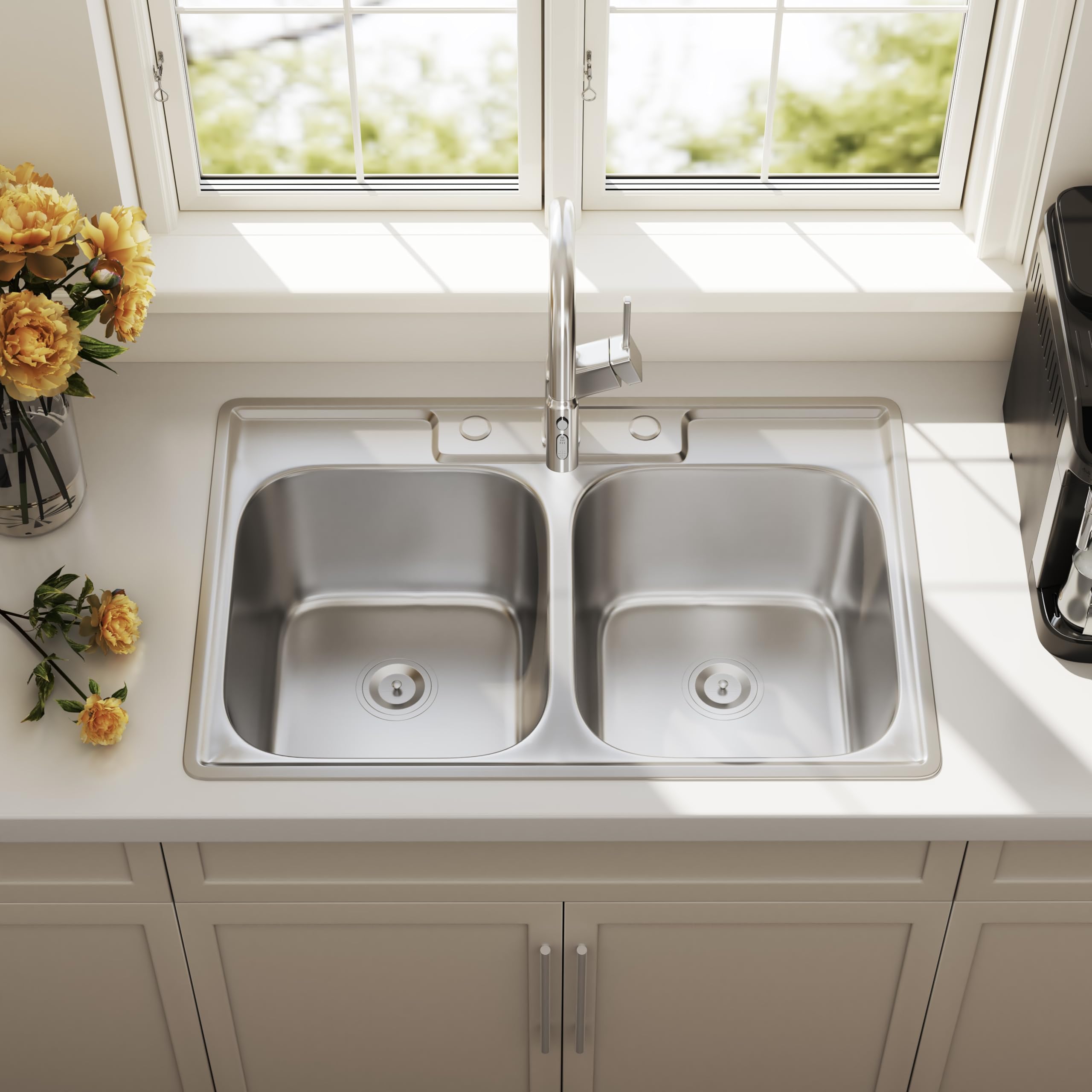 Blenzia 33 Inch Double Bowl Kitchen Sink Topmount 50/50 Drop In 18 Gauge 304 Stainless Steel Sinks With Basket Strainer 33    X