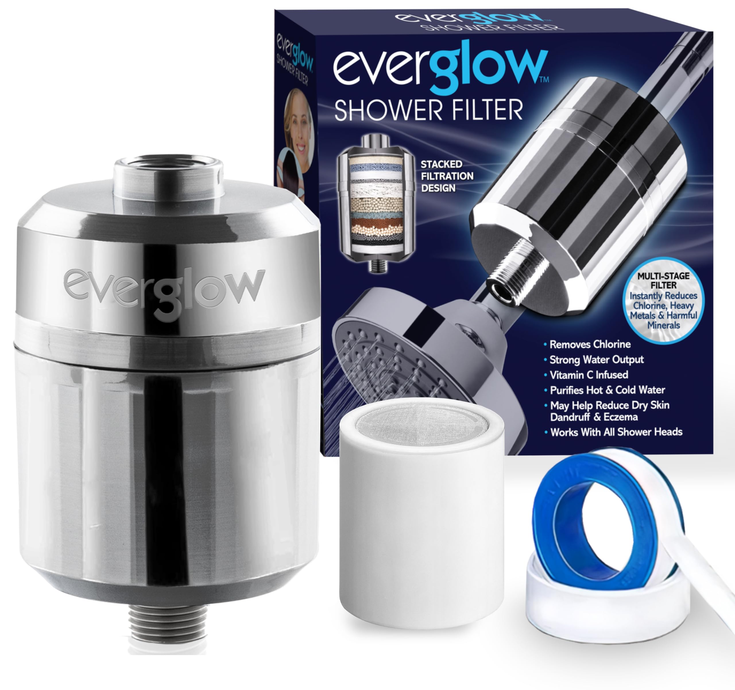 Everglow High-Output Shower Filter, Reduces Chlorine, Dry Skin, Dandruff, Eczema, Heavy Metals And Vitamin C Infused For Dandruf