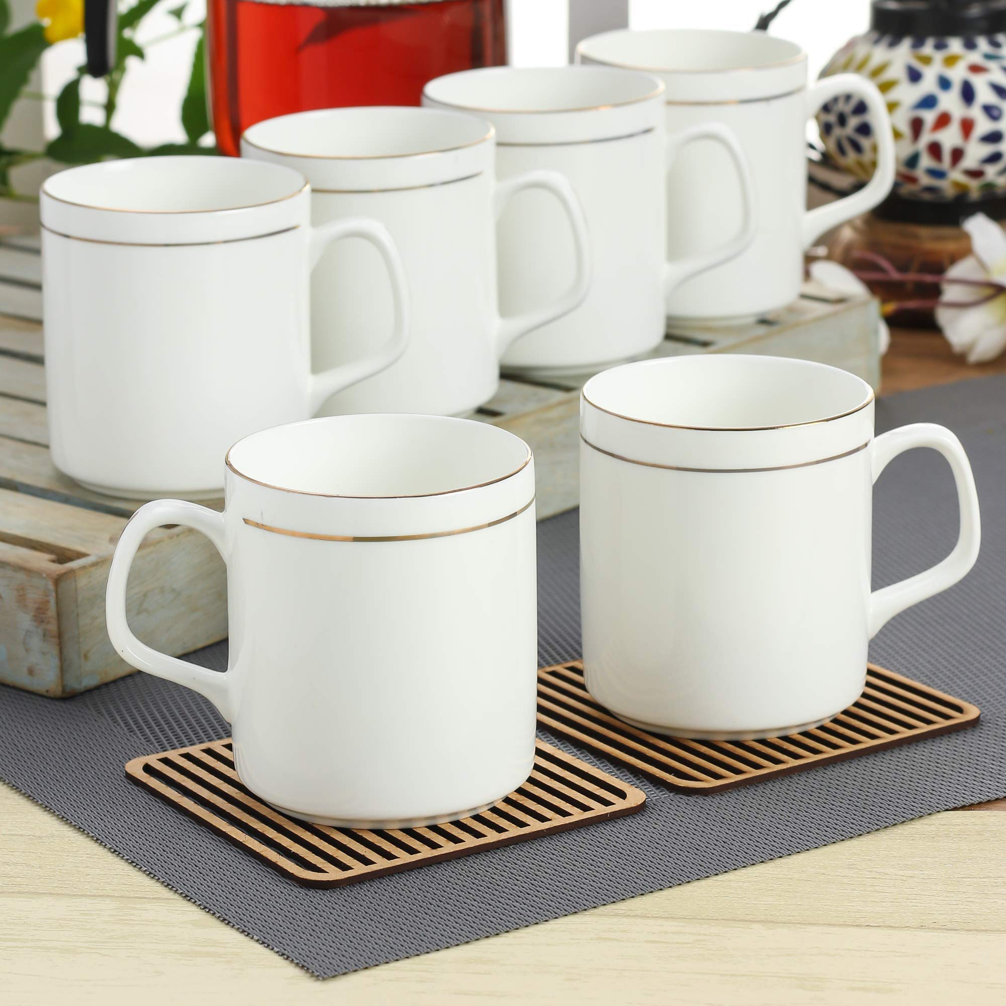 Clay Craft Elegant Gold Line Coffee/Tea Cups Set Of 6 Perfect For Daily Use 180 Ml, White, Standard (Pipe-Set Of 6)