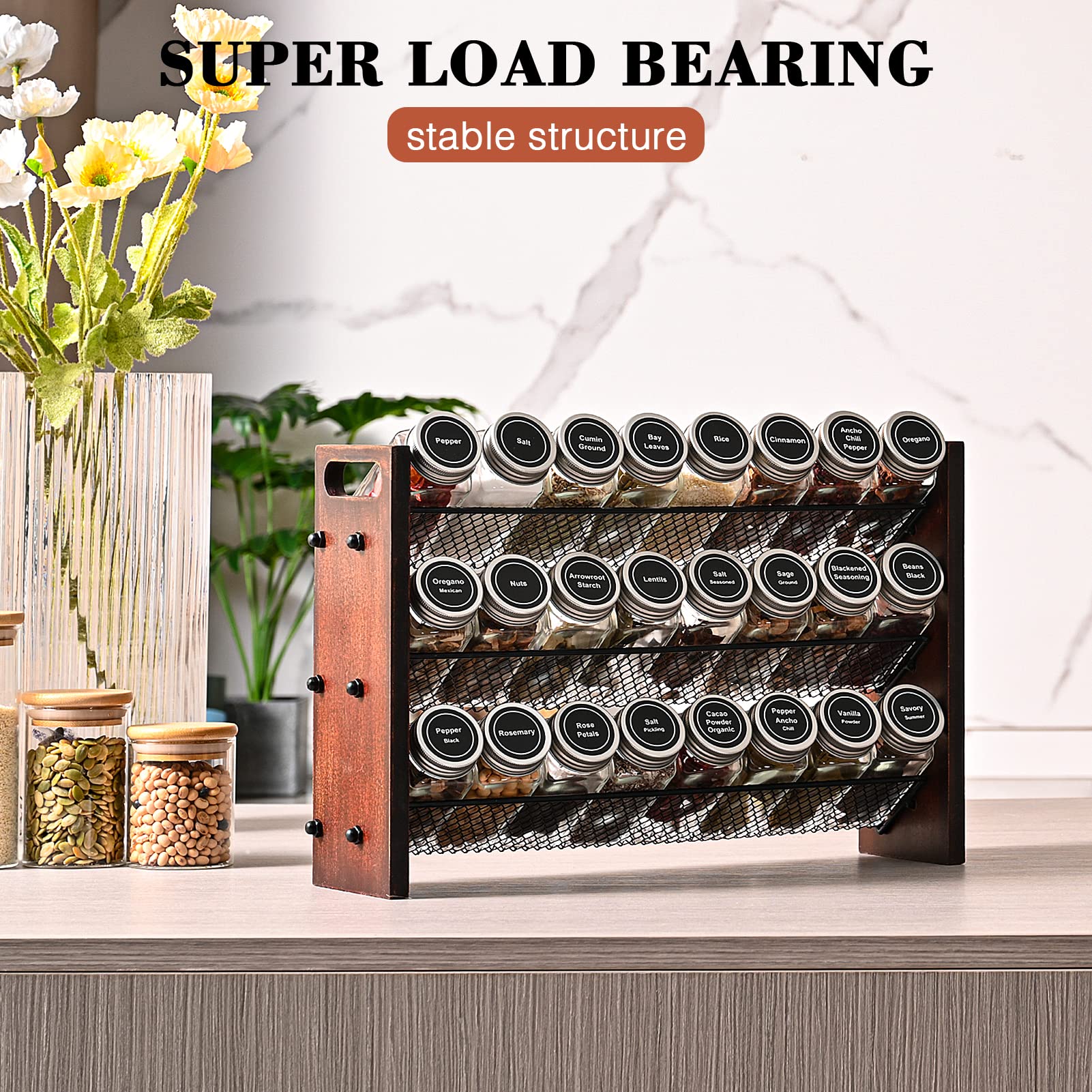 Roykoota Spice Rack, Spice Rack Organizer without Seasoning Jars, Wooden Spice Organizer, Rustic 3 Tier Kitchen Spice Rack Shelf