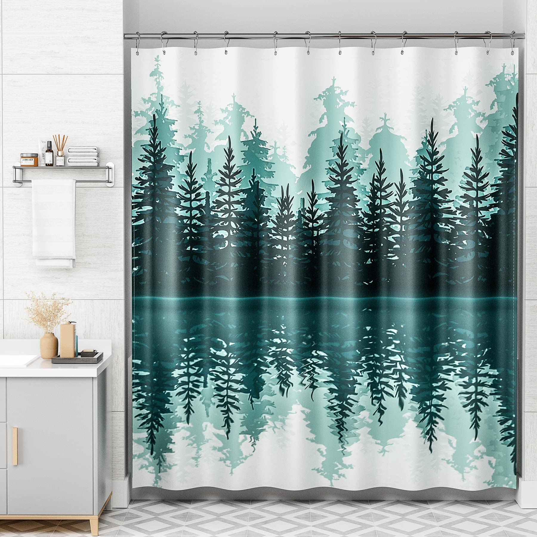 Amazerbath Shower Curtain Green, Washable Cloth Sage Green Shower Curtain Sets With 12 Metal Shower Curtain Hooks, Luxury Waterp