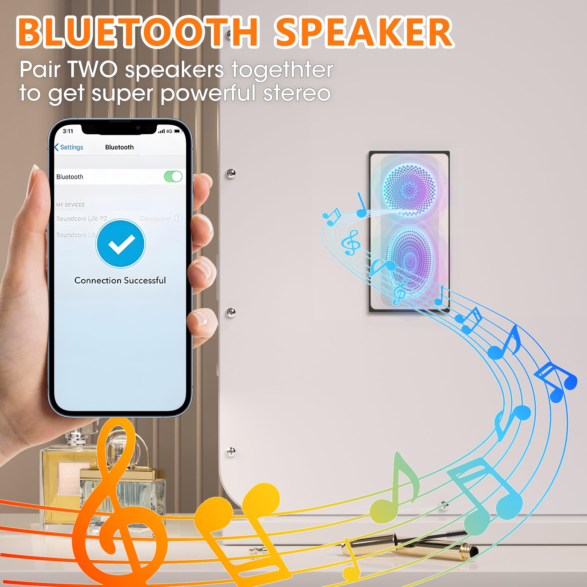 28''X20'' Vanity Mirror With Bluetooth Speaker, Hollywood Lighted Makeup Mirror With 14 Dimmable Led Bulbs, 3 Color Lighting Mod