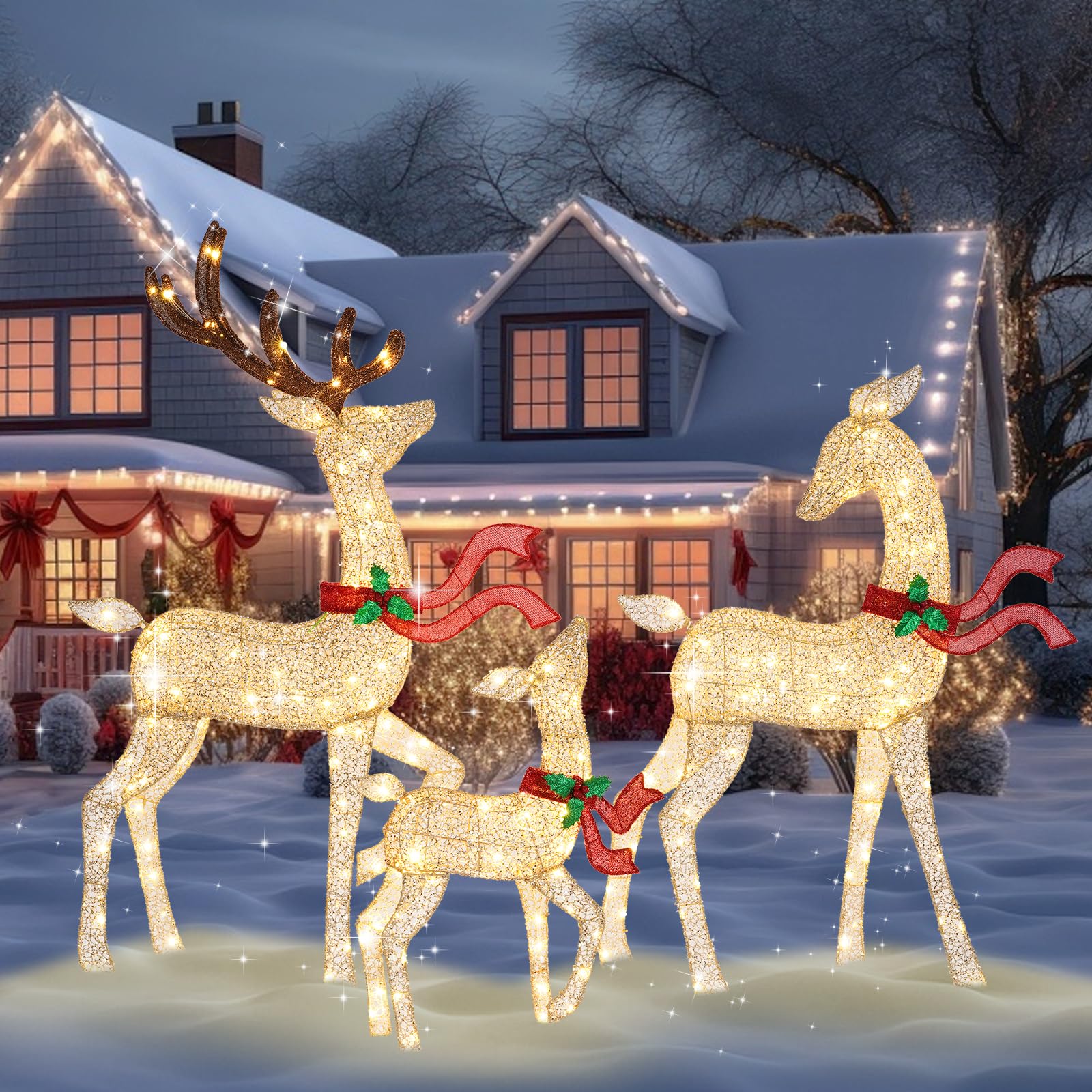 MARACOL 62-Inch Lighted Reindeer Christmas Decoration Set, 3-Piece Family, 200 LED Warm White Lights, Gold Metal for Outdoor Yard Garden Party