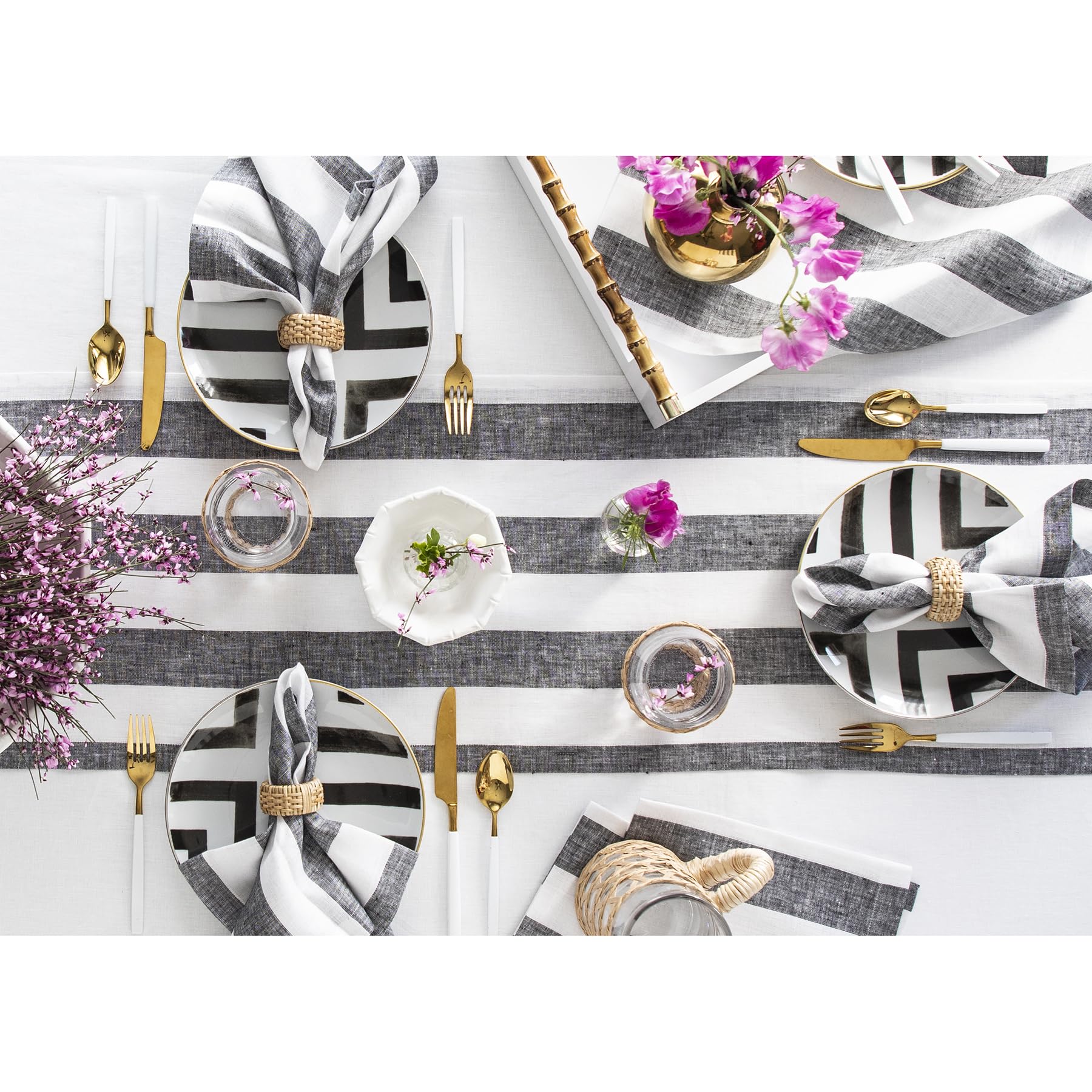 Solino Home Linen Stripe Table Runner 36 Inch - 100% Pure Linen Black And White Table Runner 14 X 36 Inch - Cabana Stripe Farmho