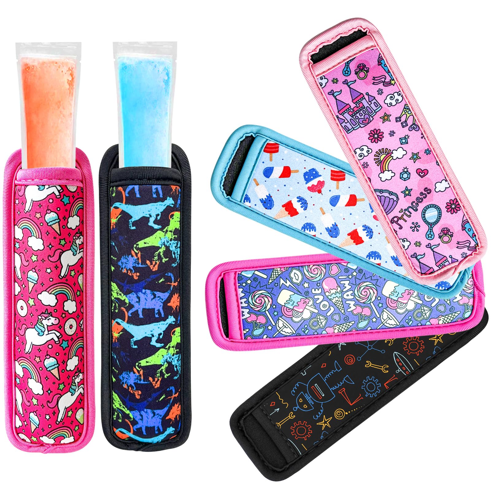 Amintiri Popsicle Holder for Kids, 6 Pieces Anti-Freezing Neoprene Sleeves, Cute Ice Pop Holder, Reusable Washable for Boys Girl
