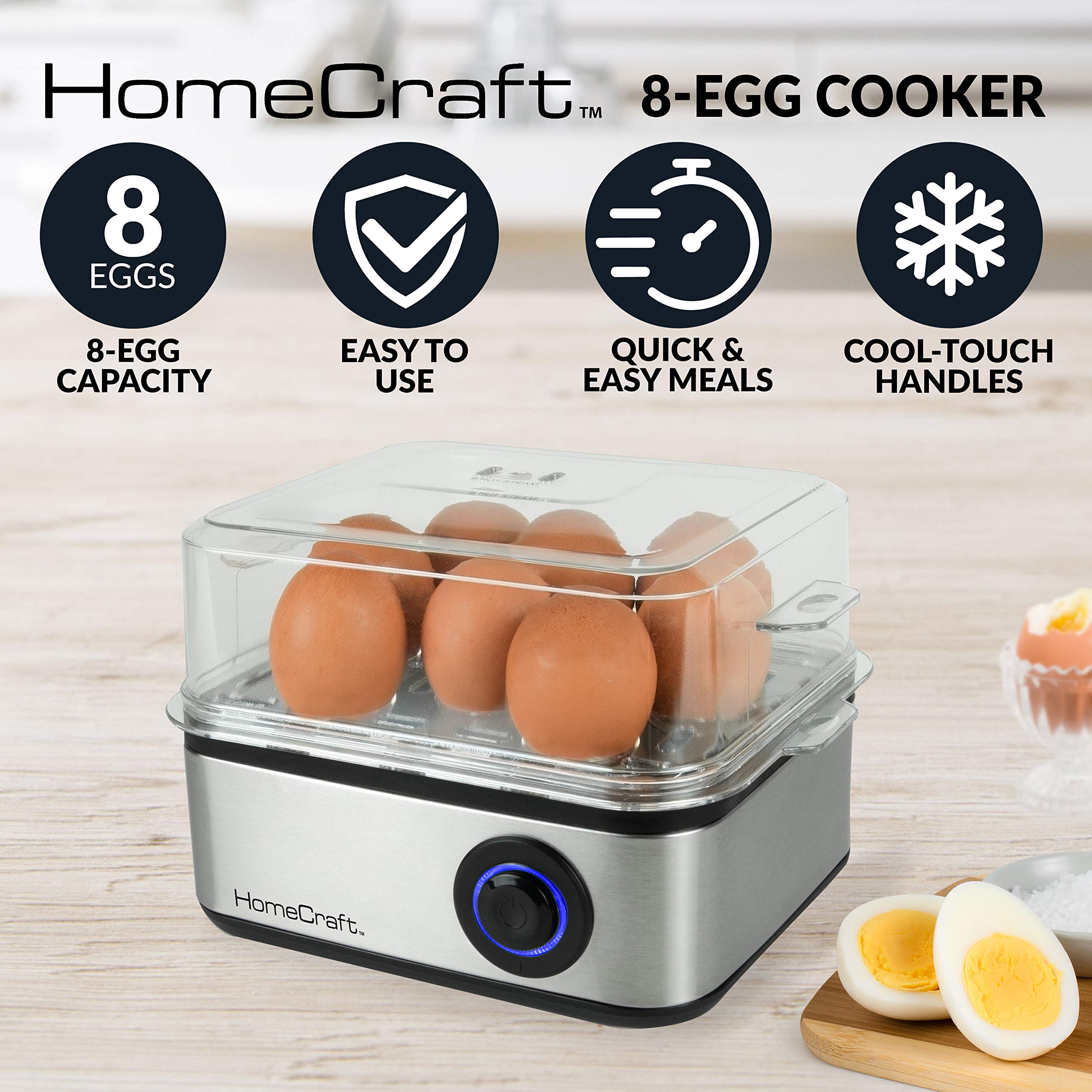 Nostalgia Homecraft Premium Stainless Steel 8 Capacity Electric Large Hard-Boiled Egg Cooker Poached, Scrambled, Omelets, Whites