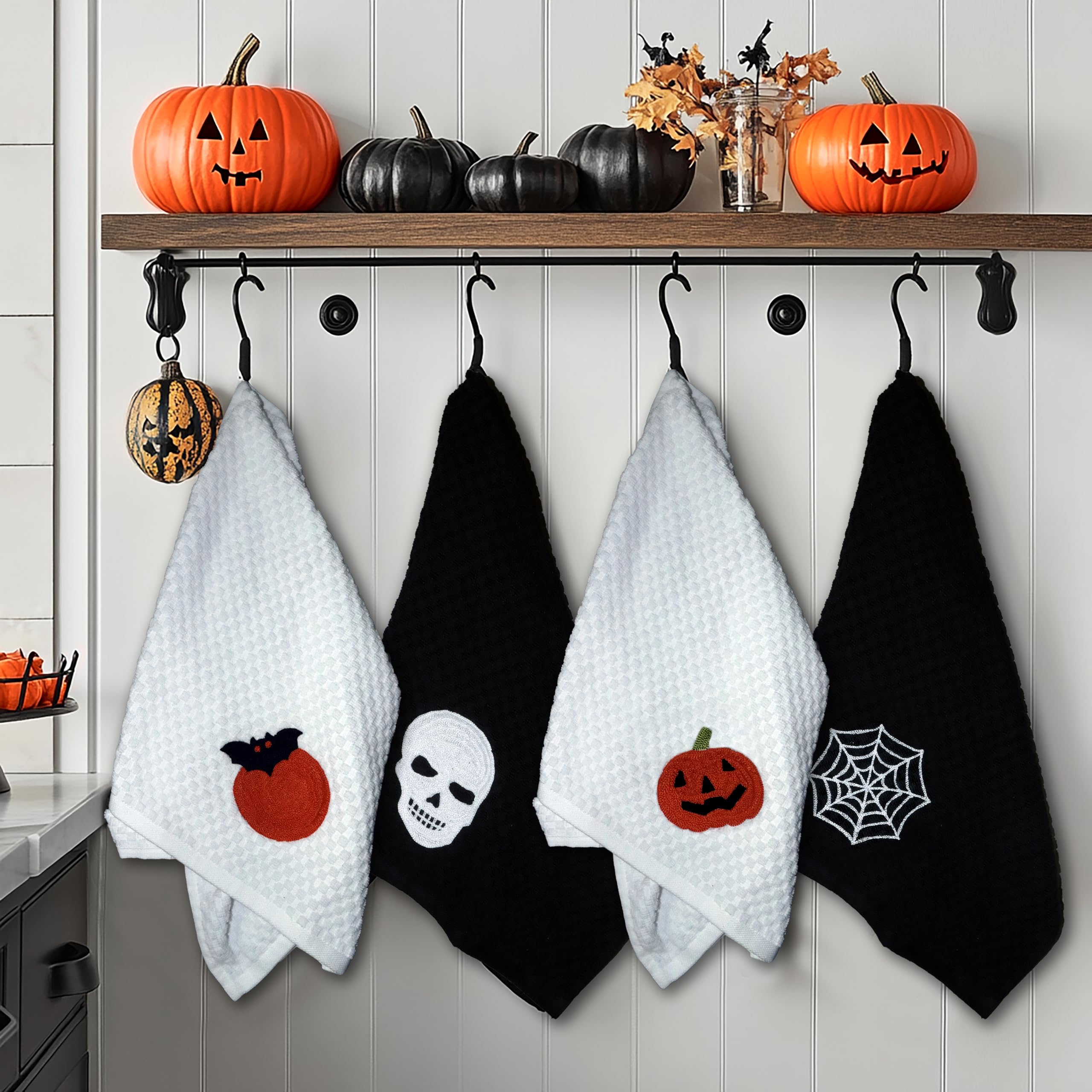 COTTON CRAFT Halloween Kitchen Towels - 4 Pack Spooky Skull Web Bats Jack OLantern Embroidered Terry Towel - 100% Cotton Waffle