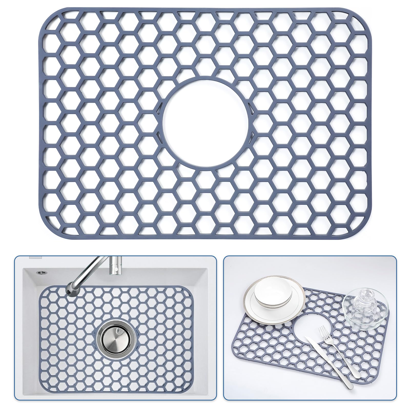 Bestjing Silicone Sink Protectors for Kitchen Sink with Center Drain - 18.2x12.5 Kitchen Sink Mats Accessory, Non-Slip Heat Resi