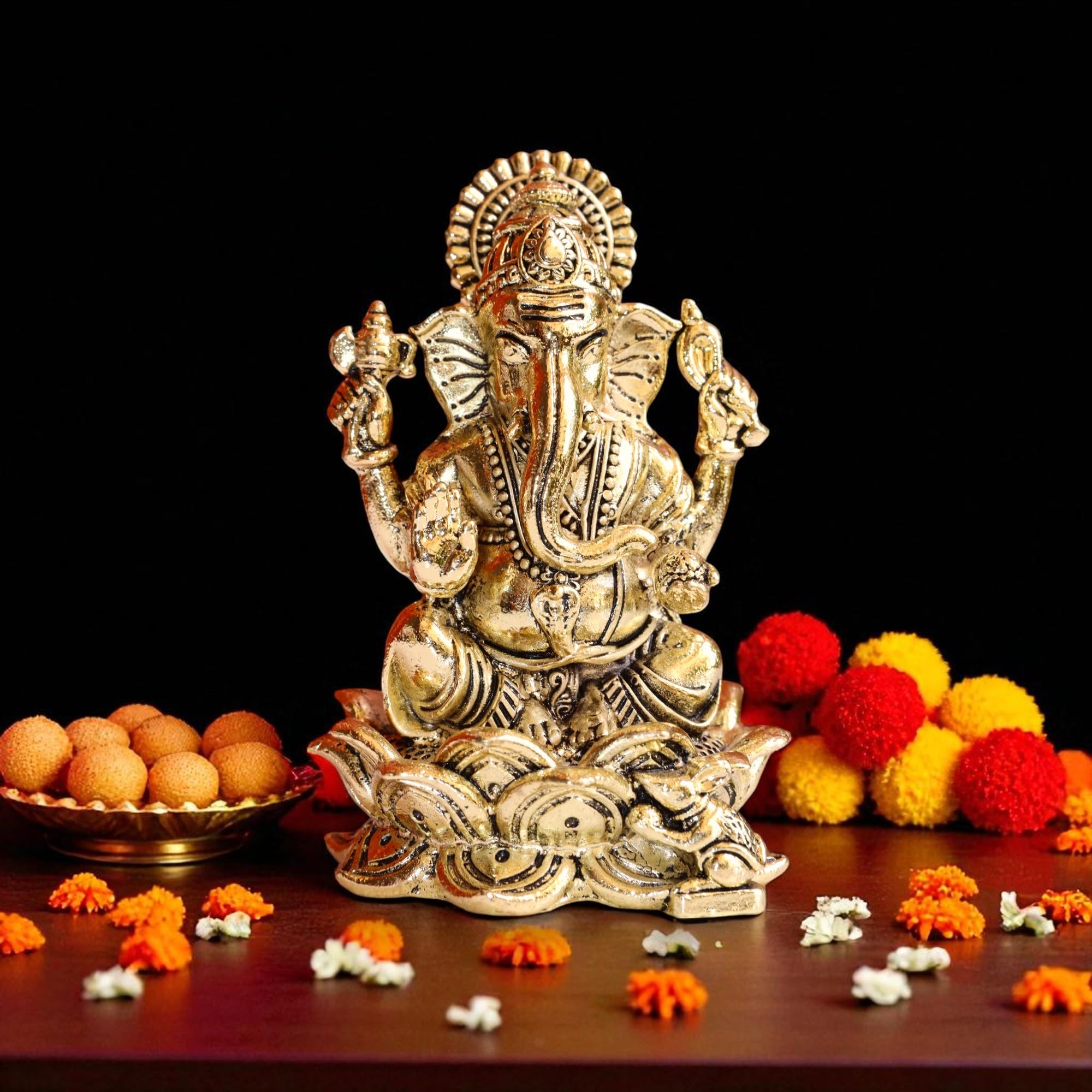 Raisom Antique Finish Pure Brass Ganesh Idol Sitting On Lotus | Mangalkari Ganapati God For Home Decor, Daily Use, Gifting, Hous