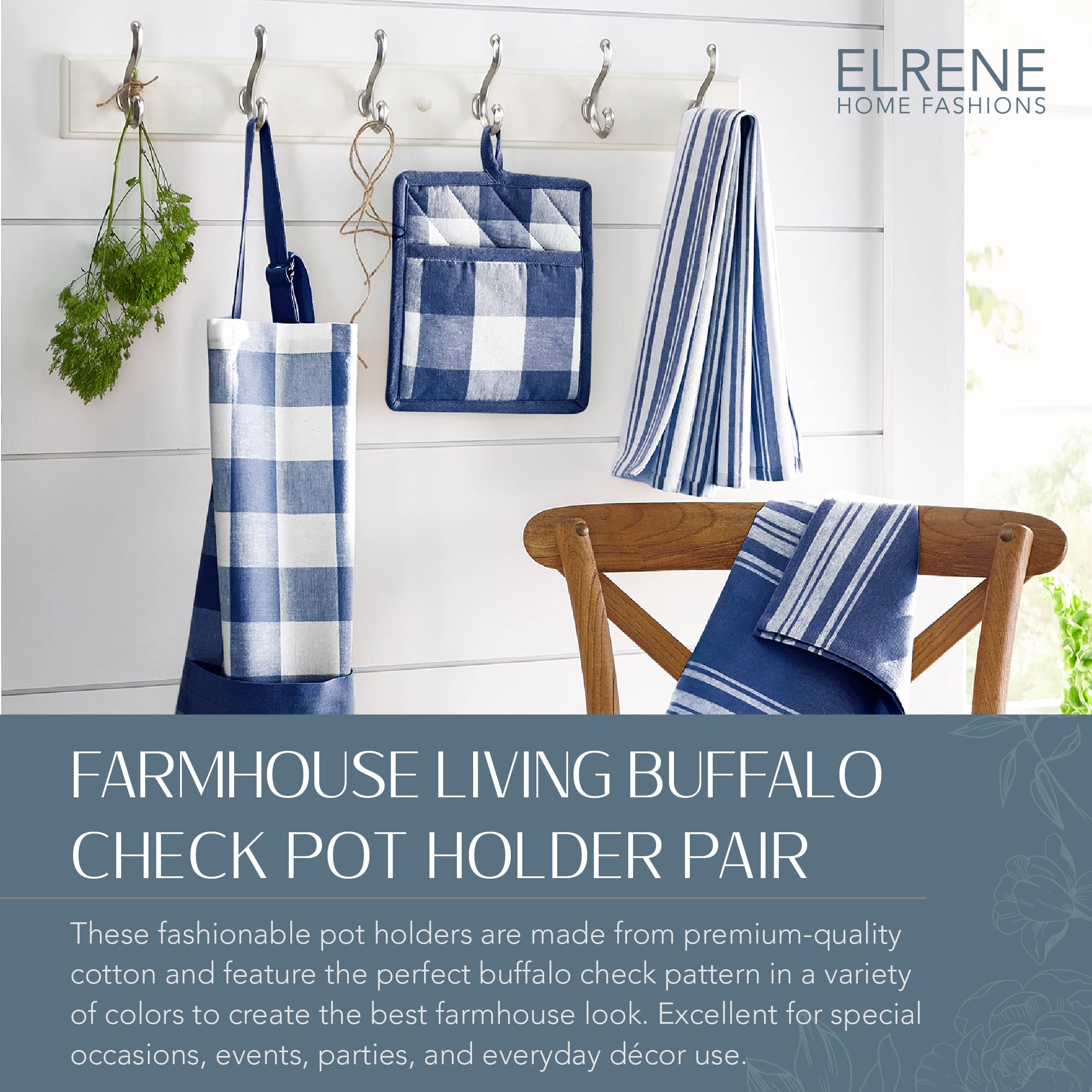 Elrene Home Fashions Farmhouse Living Buffalo-Check Pot-Holder Set, Rustic Pot Holders For Kitchen, Set Of 2, 8'' X 9'', Blue/Wh