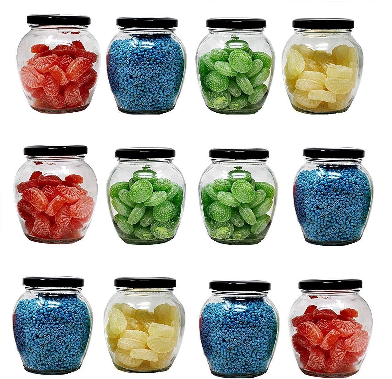 Home Stuffs Pot Matka Glass Jars Kitchen Black Air Tight Lid Glass Jars Grocery Pickle Cereal Glass Jars,400 Ml, Pack Of (6, Bla