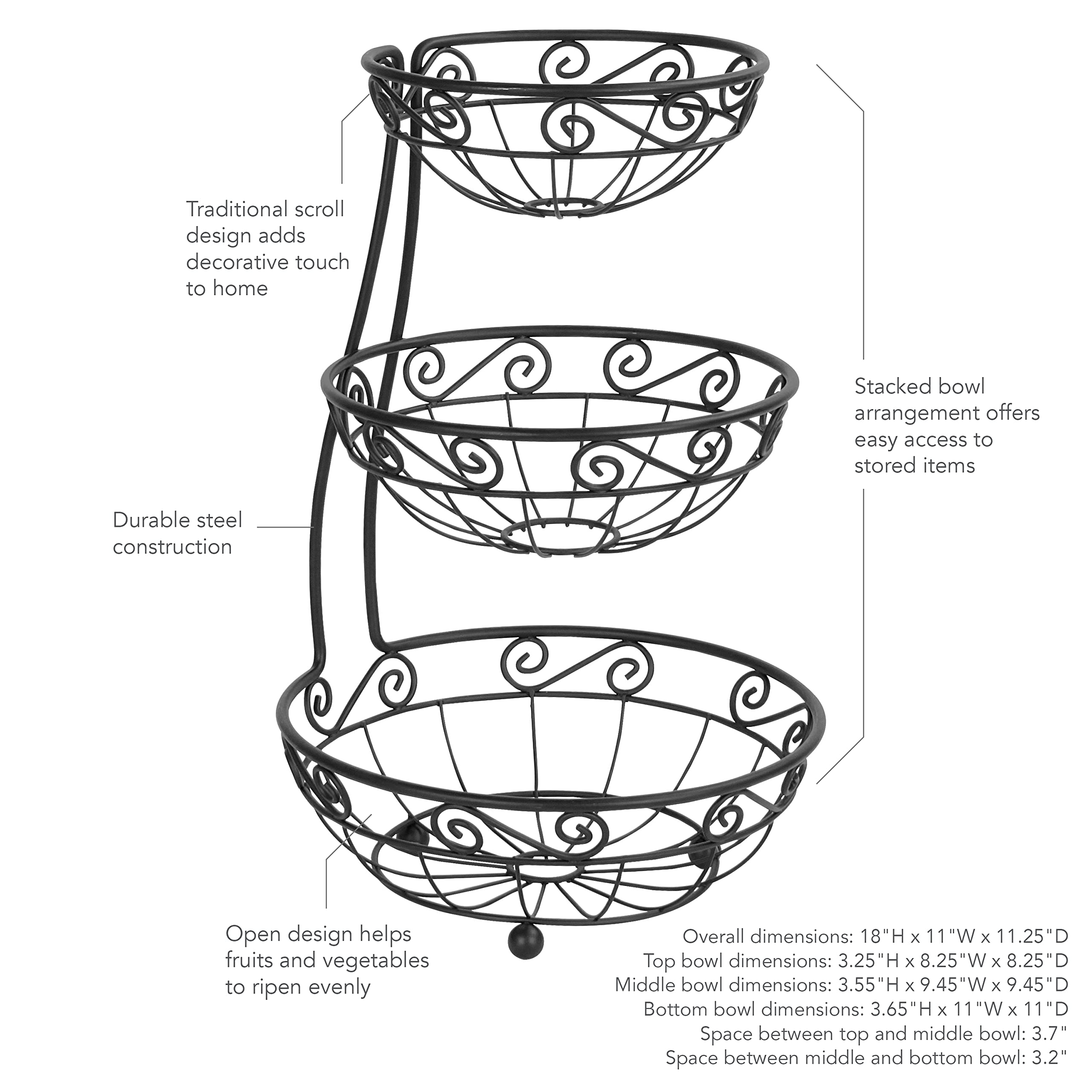 Spectrum Diversified Scroll Arched Server Stacked, 3-Tier Bowls Counters, Traditional Kitchen D  Cor & Fruit Basket Stand, Black