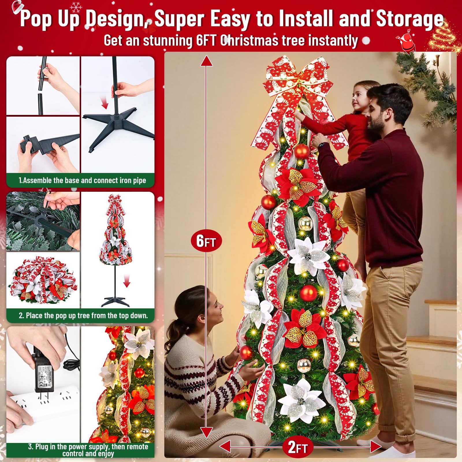 MARTINE MALL 6FT Pre-Lit Pre-Decorated Pop Up Christmas Tree with 200 Lights & Remote, Artificial Collapsible Foldable Christmas