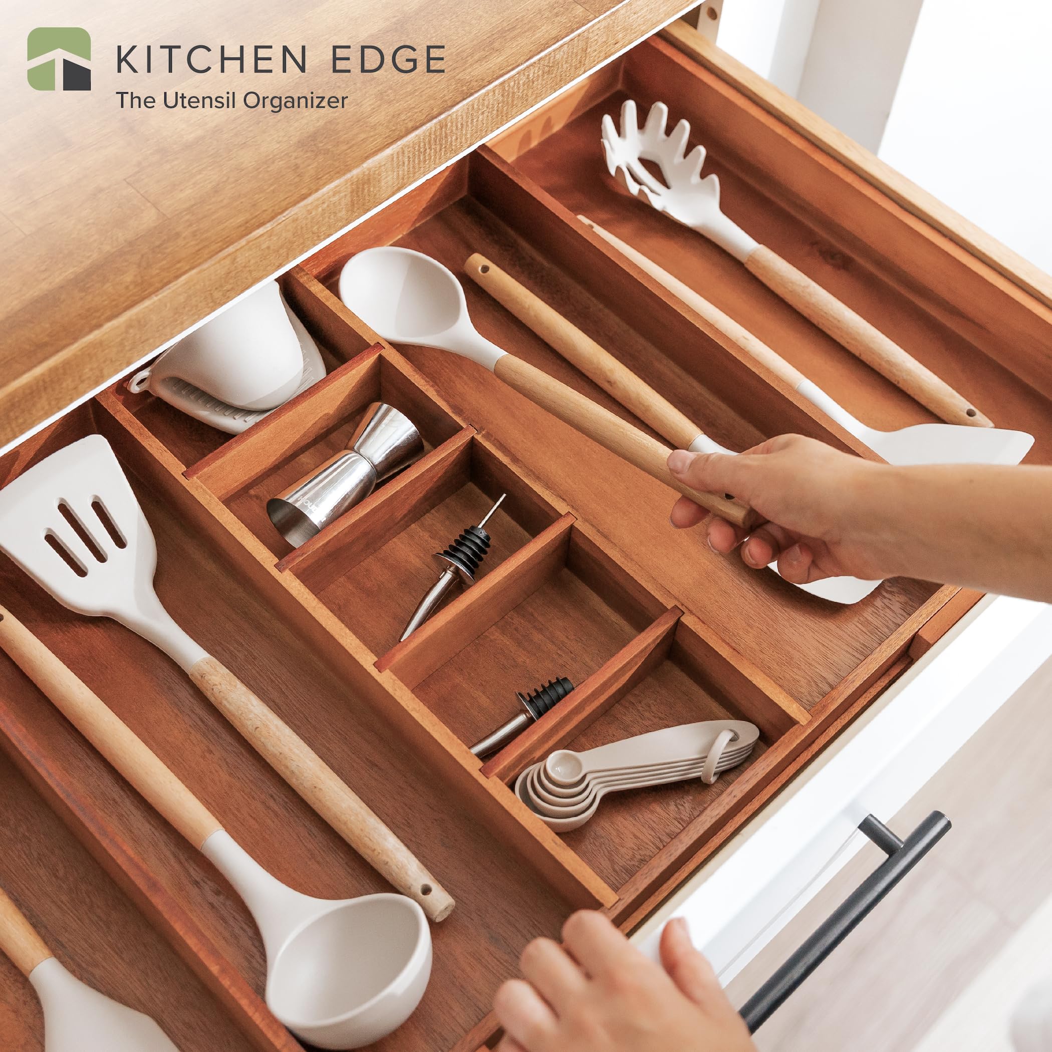Kitchenedge Adjustable Kitchen Drawer Organizer For Utensils And Junk, Expandable To 19 To 33 Inches Wide, 9 Compartments, Food-
