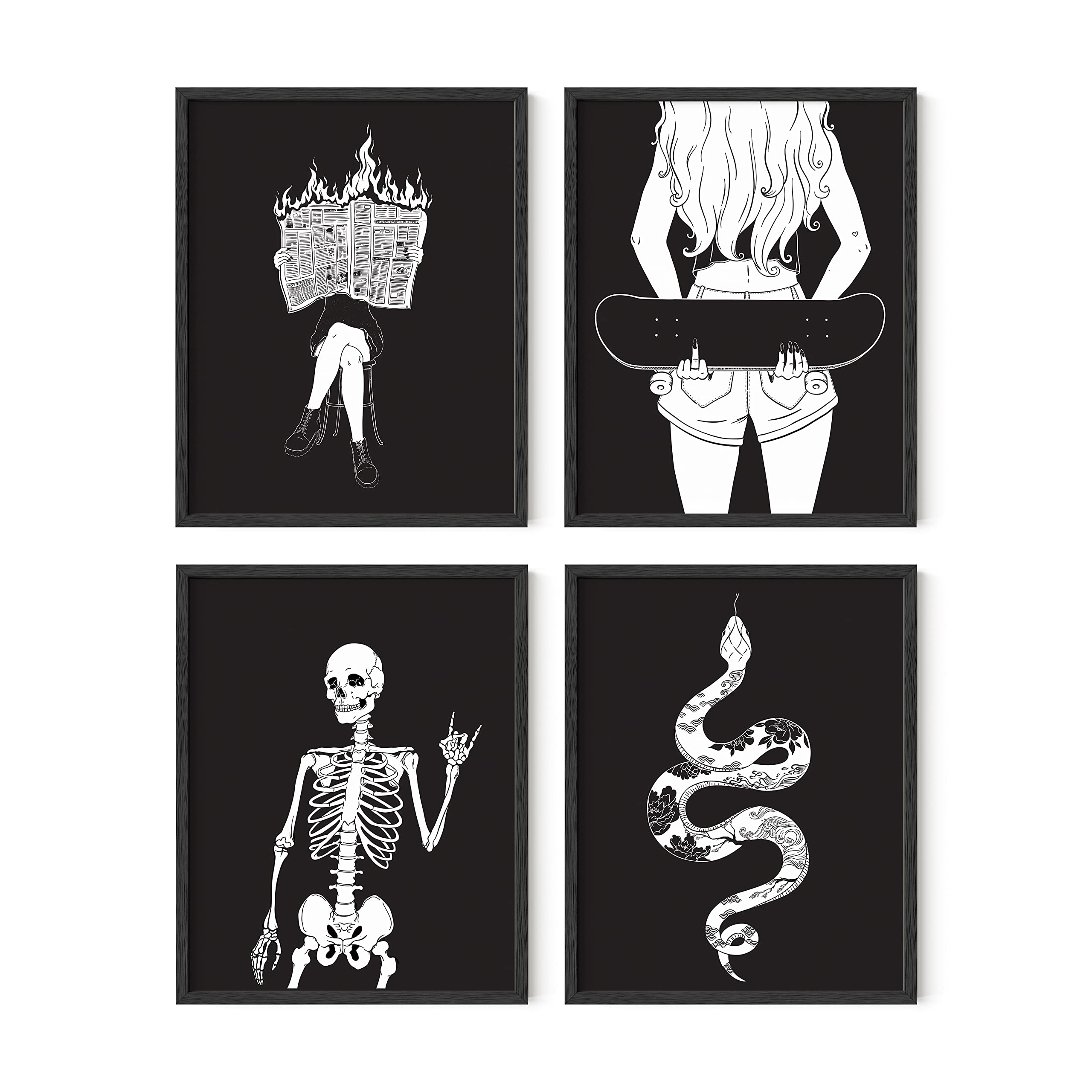 Haus And Hues Gothic Wall Decor Set Of 4 - Halloween Pictures Wall Decor For Teen Girls, Skeleton Wall Art For Halloween Decorat