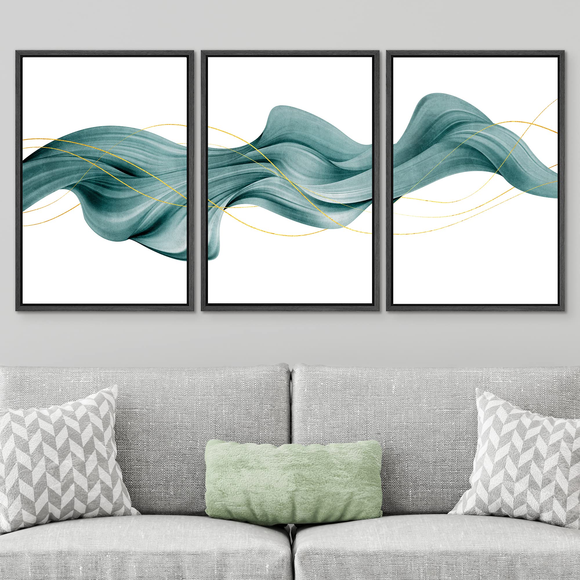 Signwin Framed Canvas Print Wall Art Set Futuristic Teal Geometric Smoke Wave Abstract Shapes Illustrations Modern Art Decorativ
