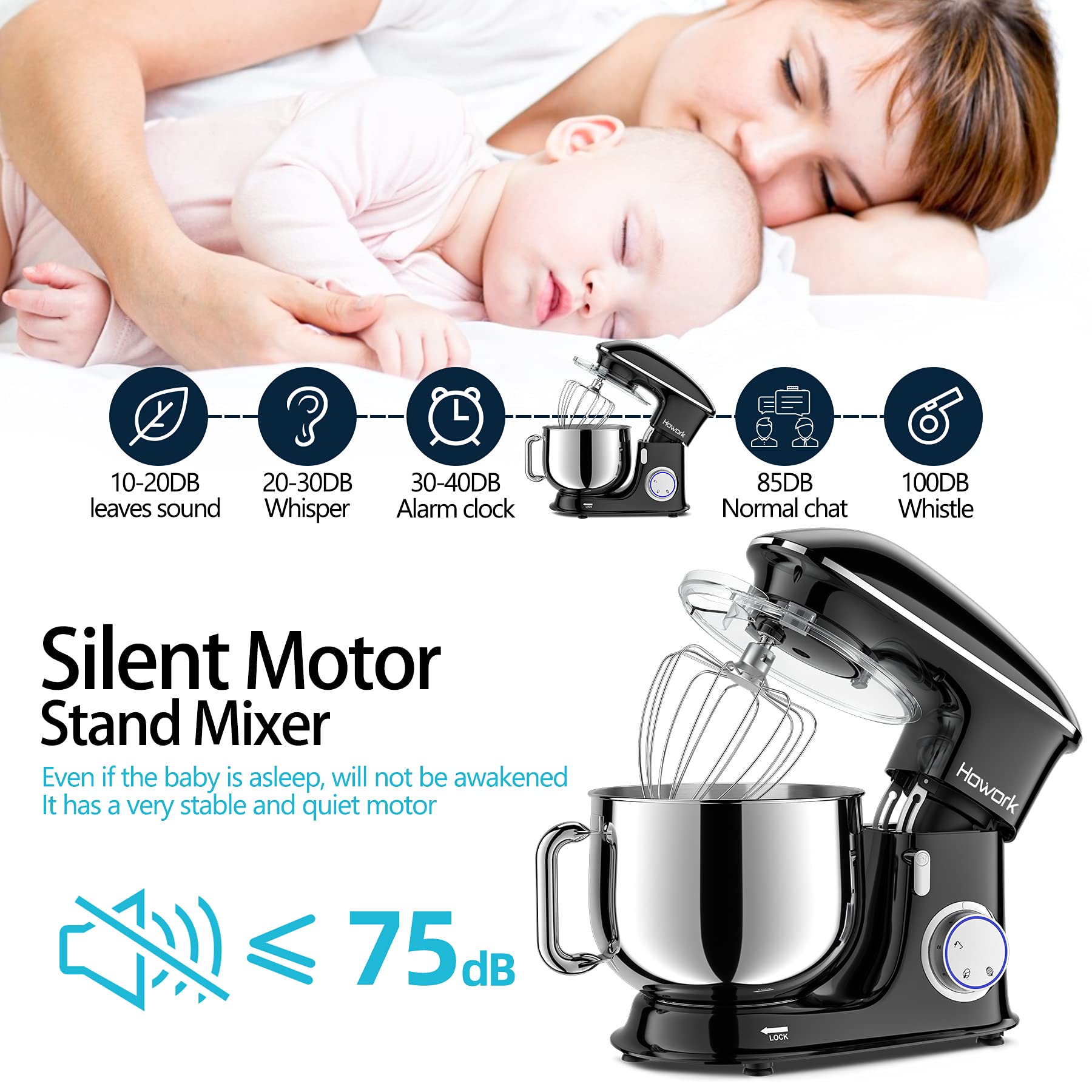 Howork 8.5Qt Stand Mixer, 660W 6+P Speed Tilt-Head, Electric Kitchen Mixer With Dishwasher-Safe Dough Hook, Beater, Wire Whip &